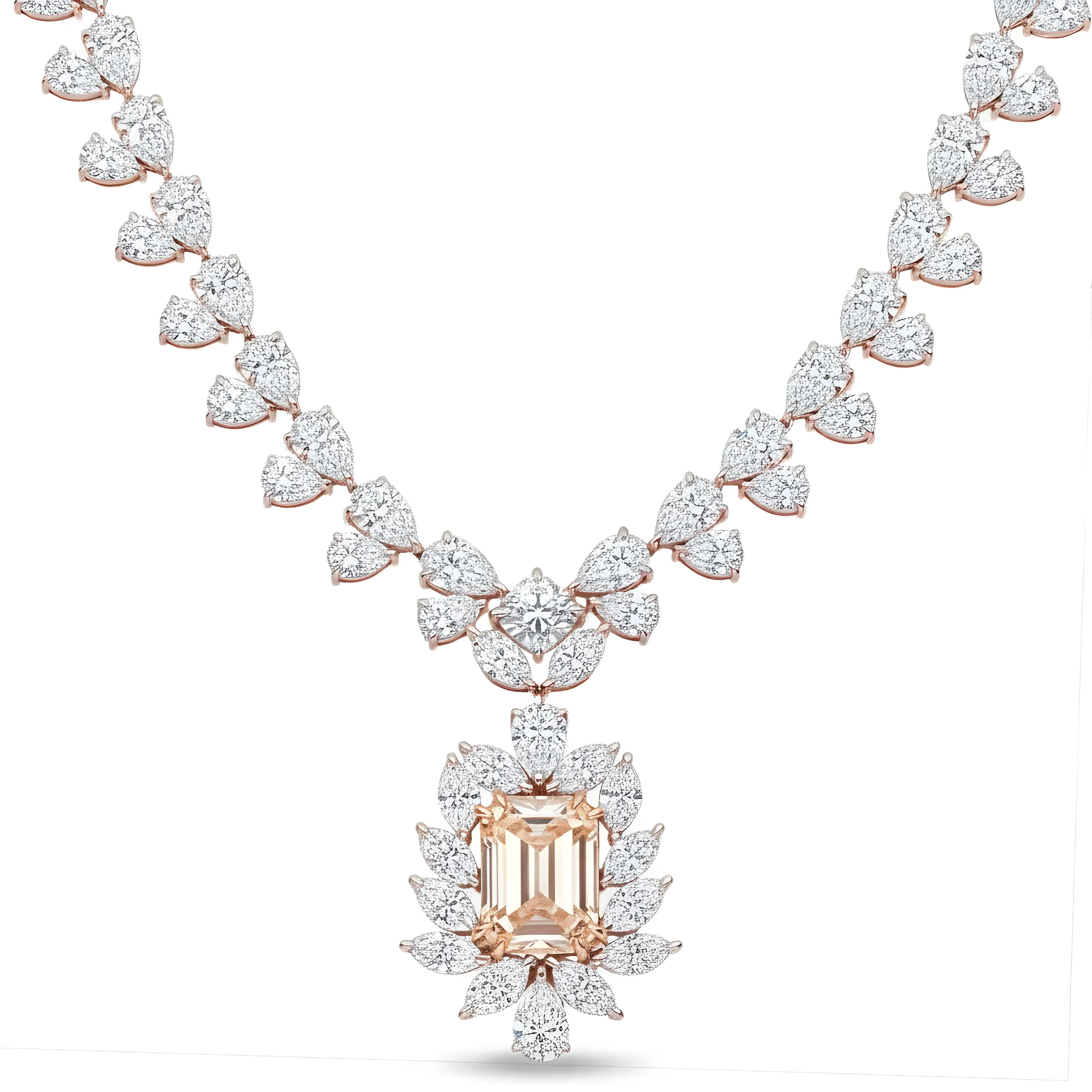 IGI 14K White Gold Fancy Pink Emerald Cut Diamond Goddess Drop Necklace 89.02ct - Image 8