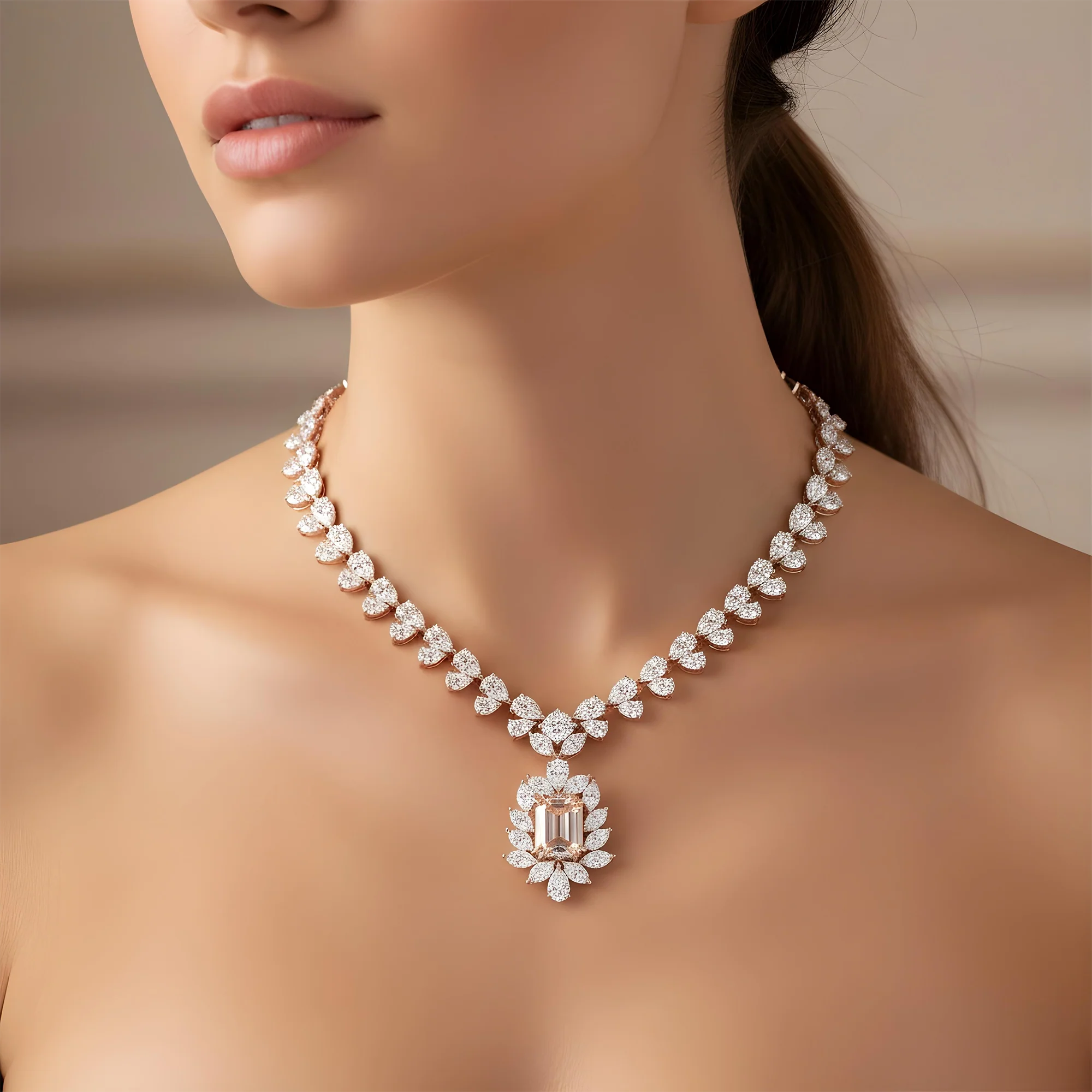 IGI 14K White Gold Fancy Pink Emerald Cut Diamond Goddess Drop Necklace 89.02ct - Image 9
