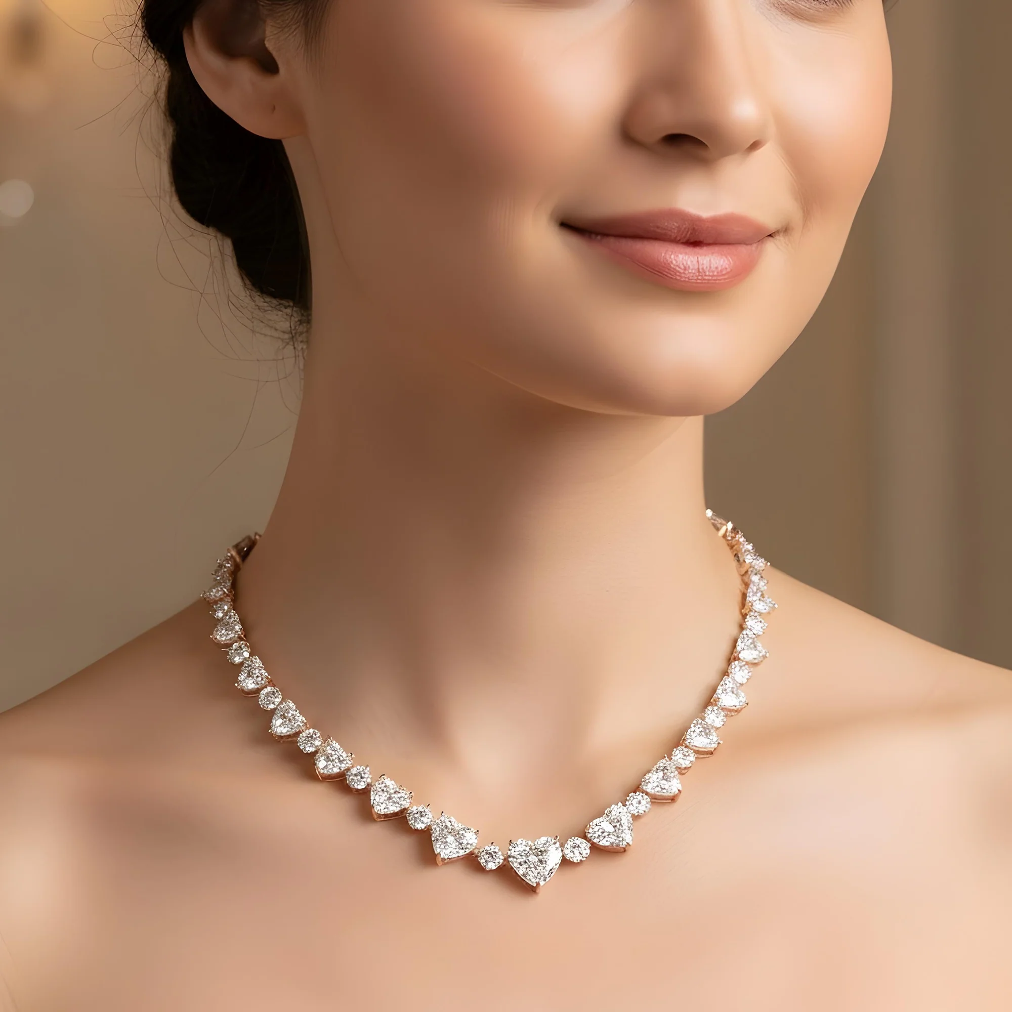 IGI 14K White Gold Graduated Heart & Round Cut Diamond Necklace 61.30ct - Image 7