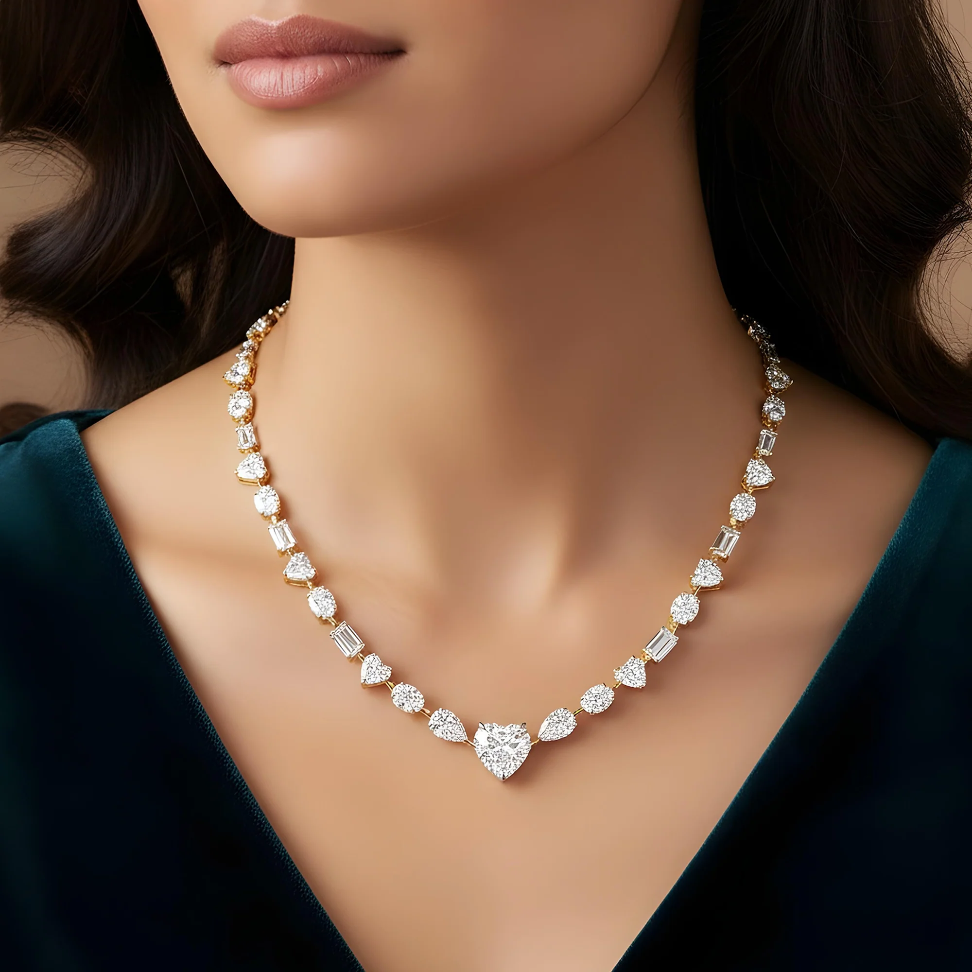IGI 14K White Gold Heart, Oval & Emerald Cut Diamond Necklace 42.56ct - Image 5