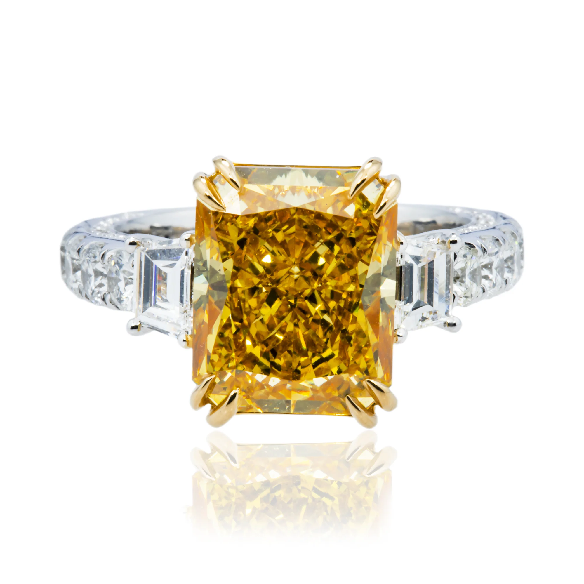 18K Two Tone 5.75ct Radiant Cut Fancy Yellow Diamond Ring 7.15ctw
