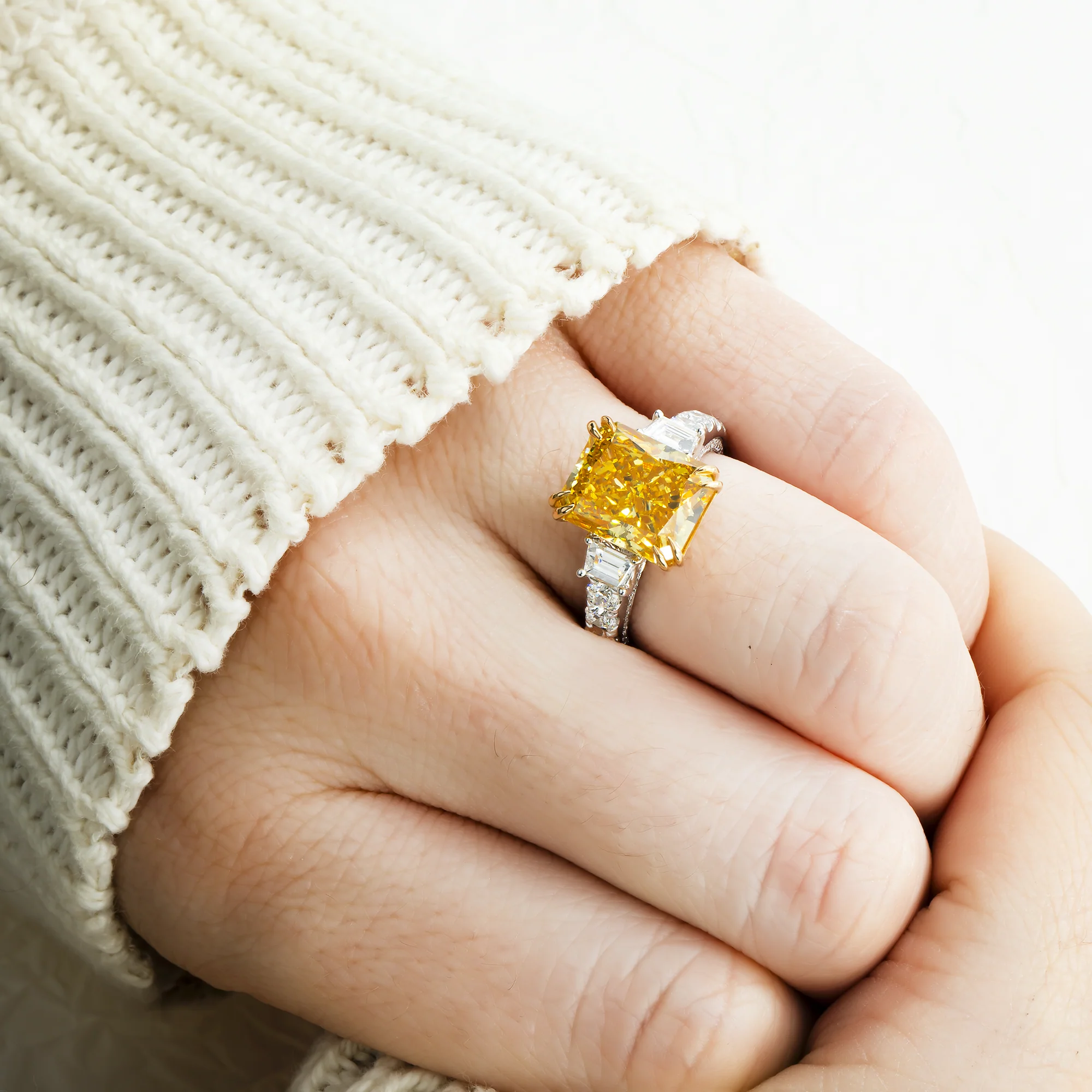 18K Two Tone 5.75ct Radiant Cut Fancy Yellow Diamond Ring 7.15ctw - Image 2