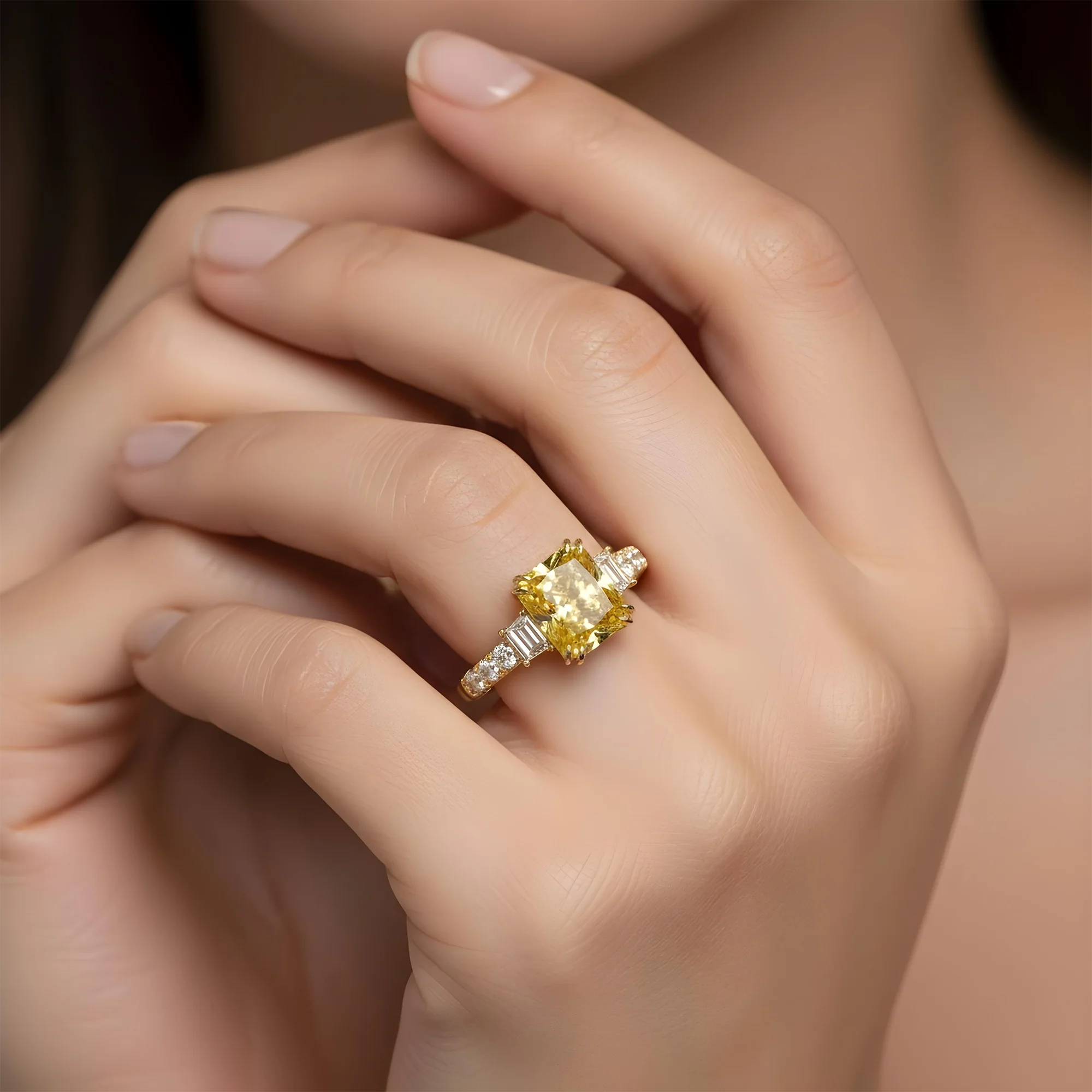 18K Two Tone 5.75ct Radiant Cut Fancy Yellow Diamond Ring 7.15ctw - Image 7