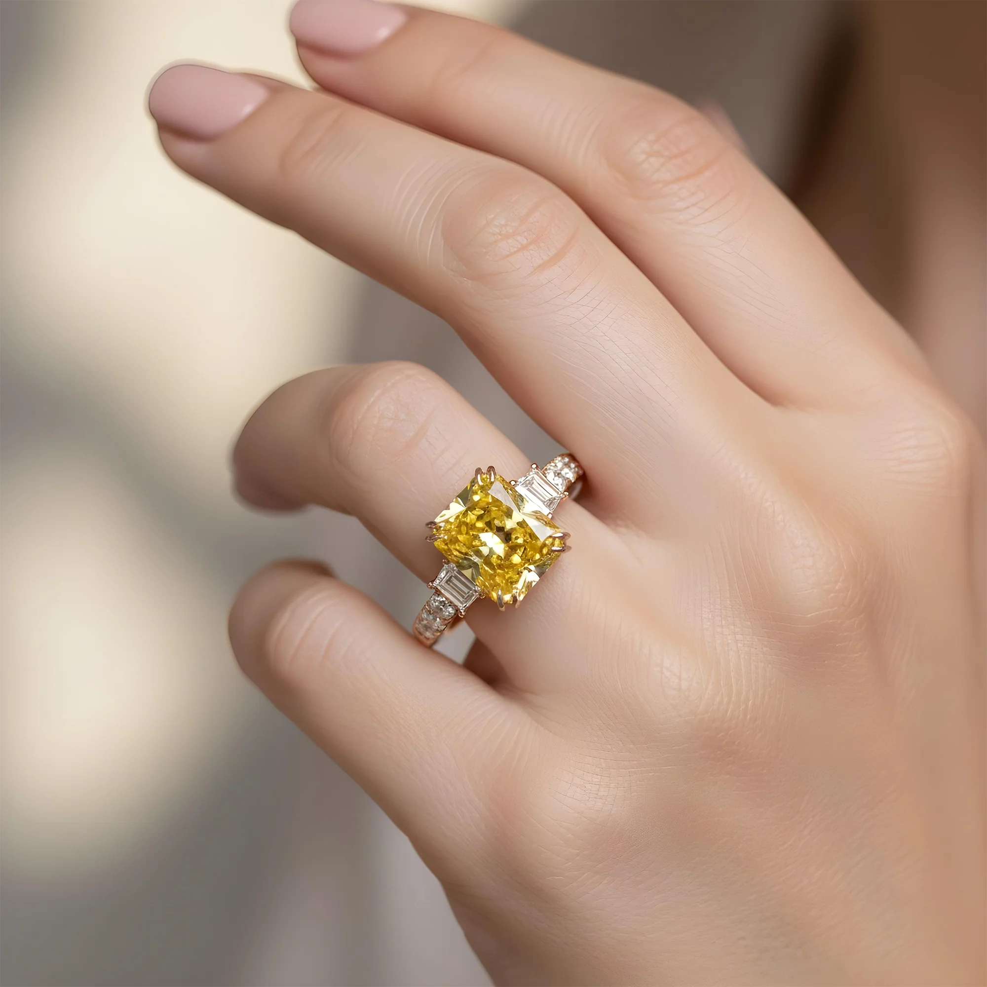 18K Two Tone 5.75ct Radiant Cut Fancy Yellow Diamond Ring 7.15ctw - Image 9