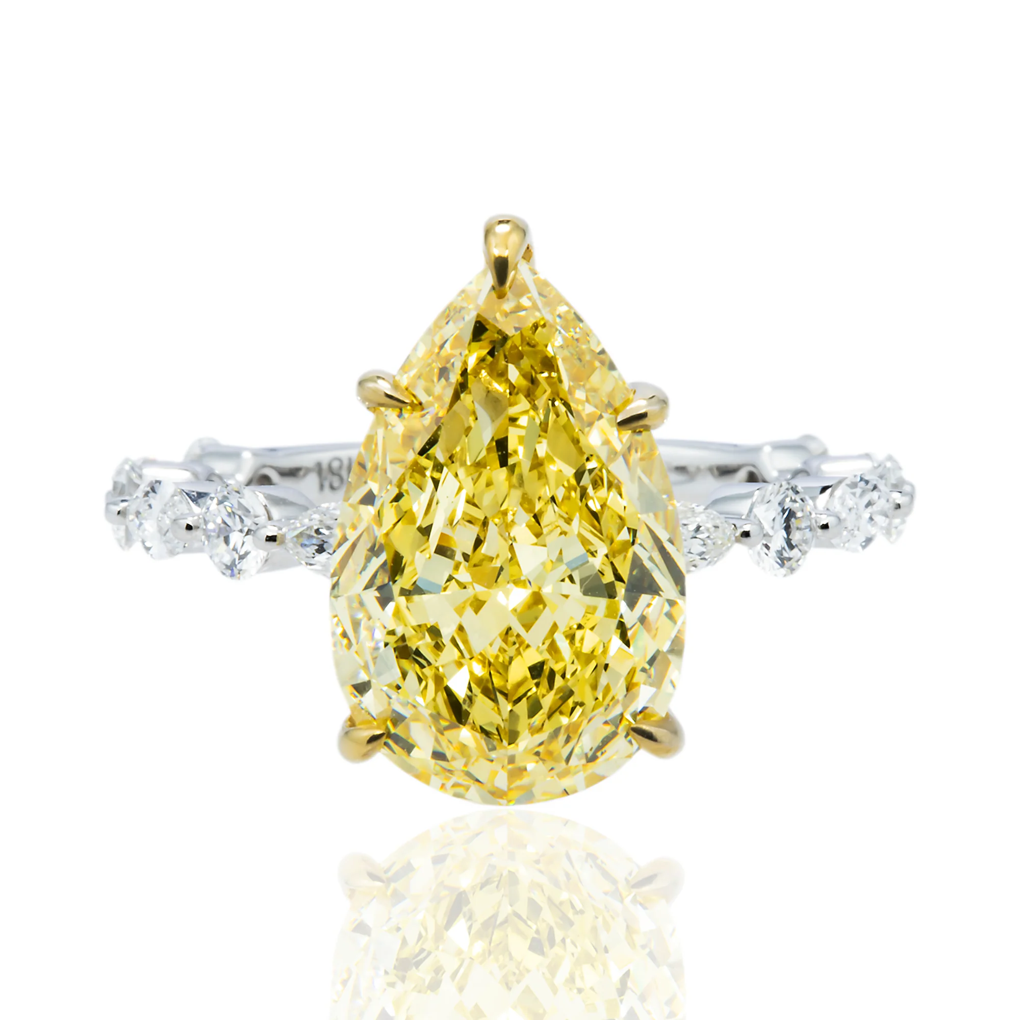 18K White Gold 5.44ct Pear Cut Fancy Yellow Diamond Ring 6.49ctw