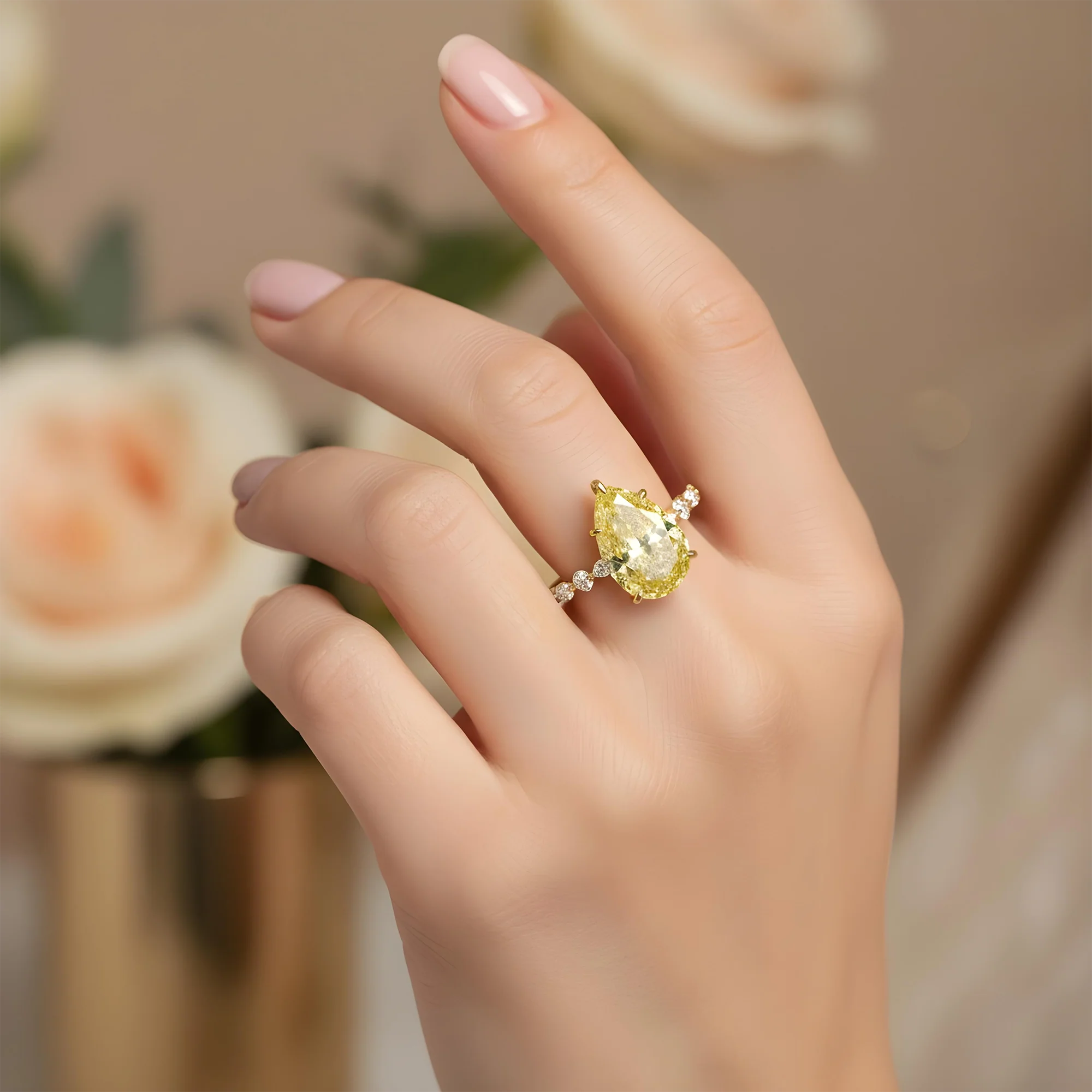 18K White Gold 5.44ct Pear Cut Fancy Yellow Diamond Ring 6.49ctw - Image 8
