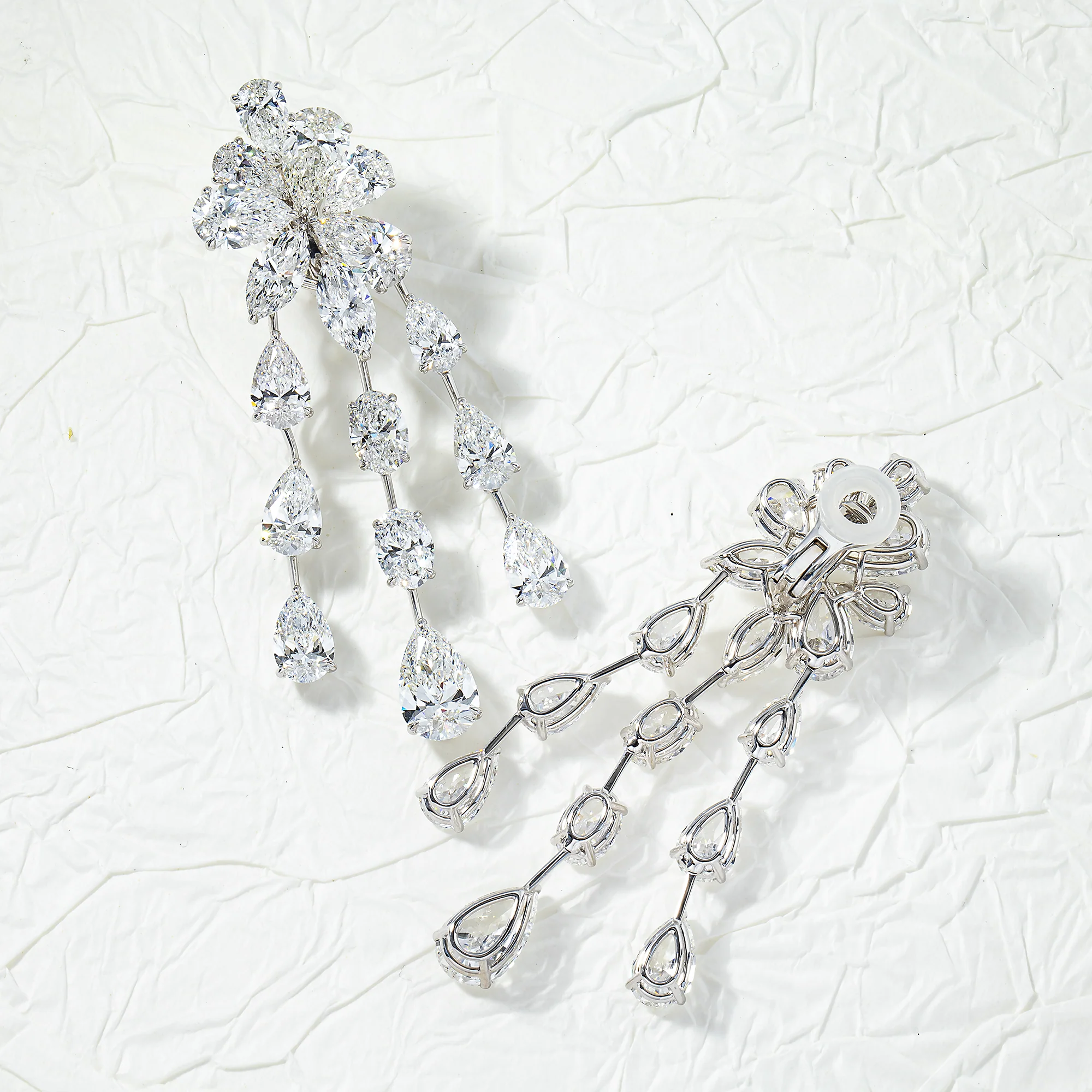 IGI 18K White Gold Mutli Cut Diamond Waterfall Drop Earrings 41.54ctw - Image 3