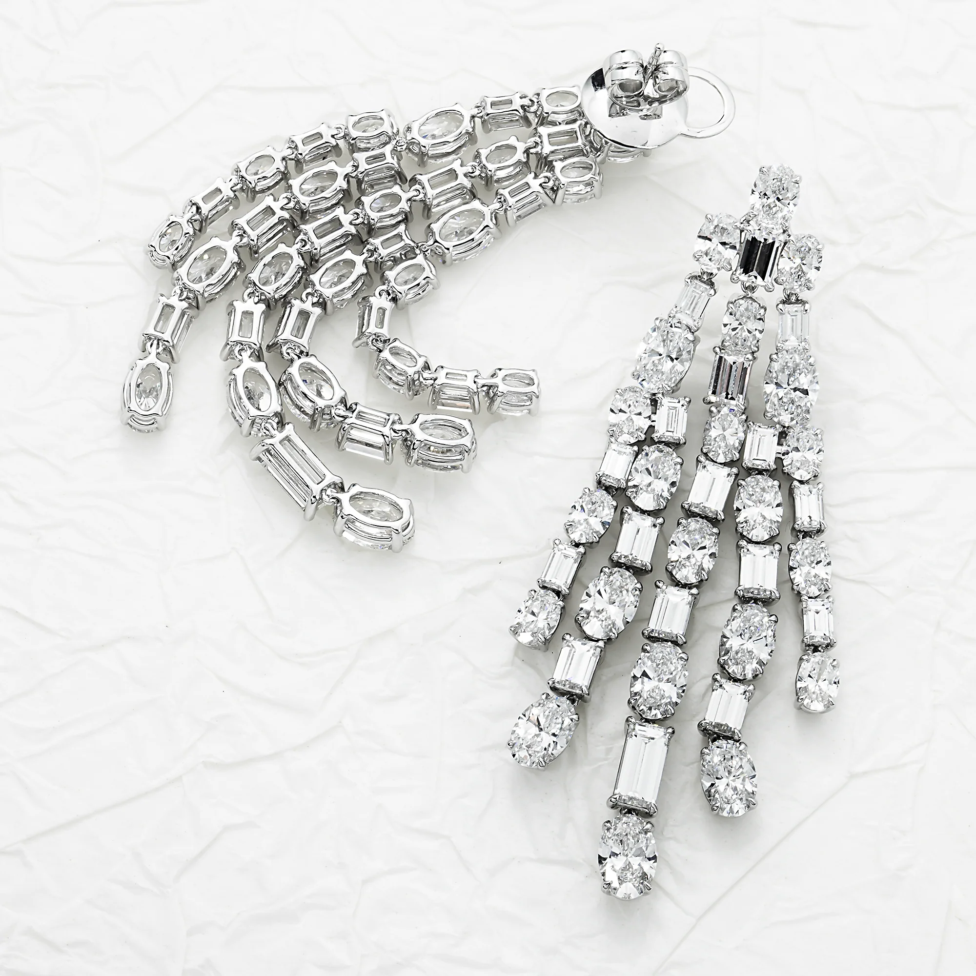 IGI 18K White Gold Oval & Emerald Cut Diamond Chandelier Drop Earrings 29.71ctw - Image 3