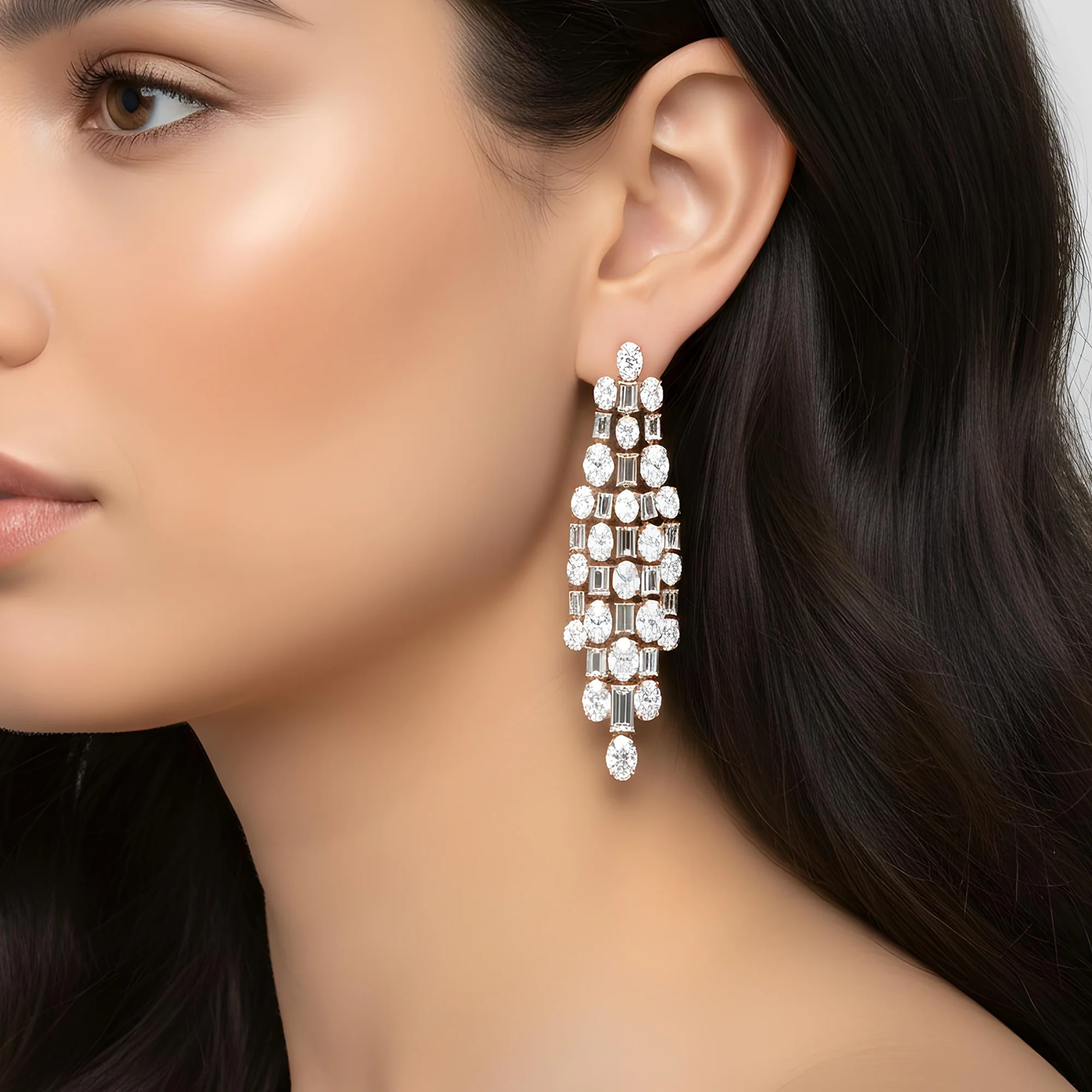 IGI 18K White Gold Oval & Emerald Cut Diamond Chandelier Drop Earrings 29.71ctw - Image 7