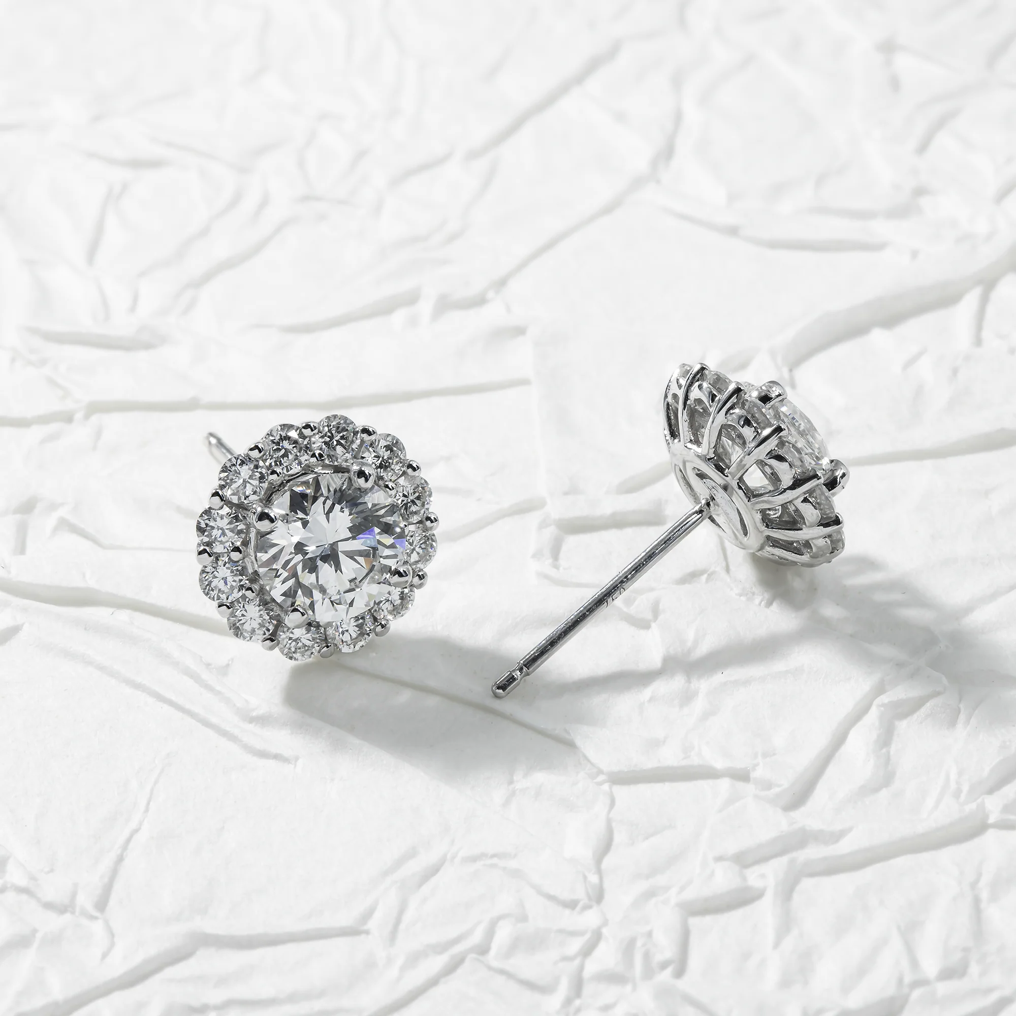 IGI 18K White Gold Round Diamond Stud Earrings w/ Halo 2.96ctw - Image 3