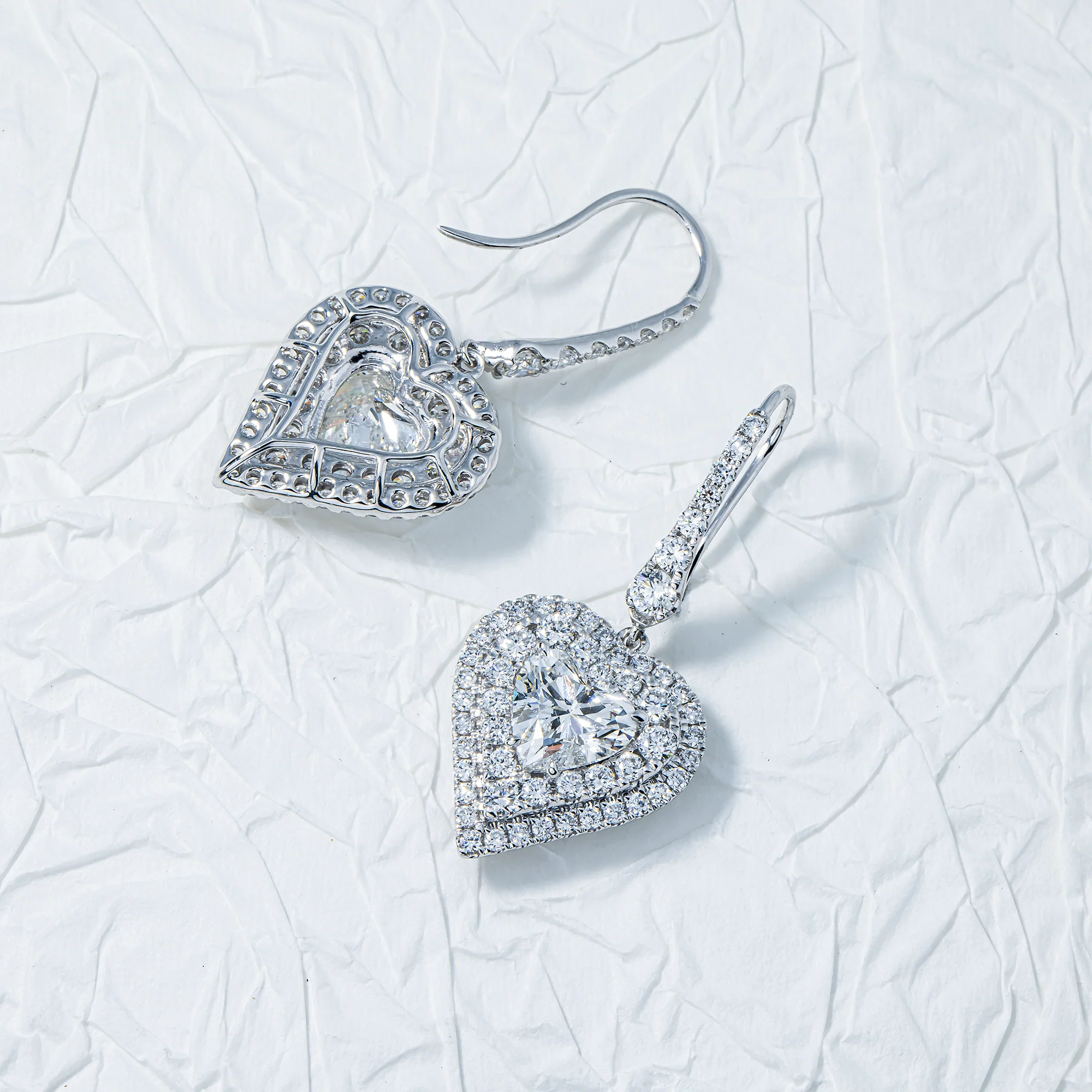 IGI 18K White Gold Round & Heart Cut Diamond Drop Earrings W/ Halo 5.06ctw - Image 3
