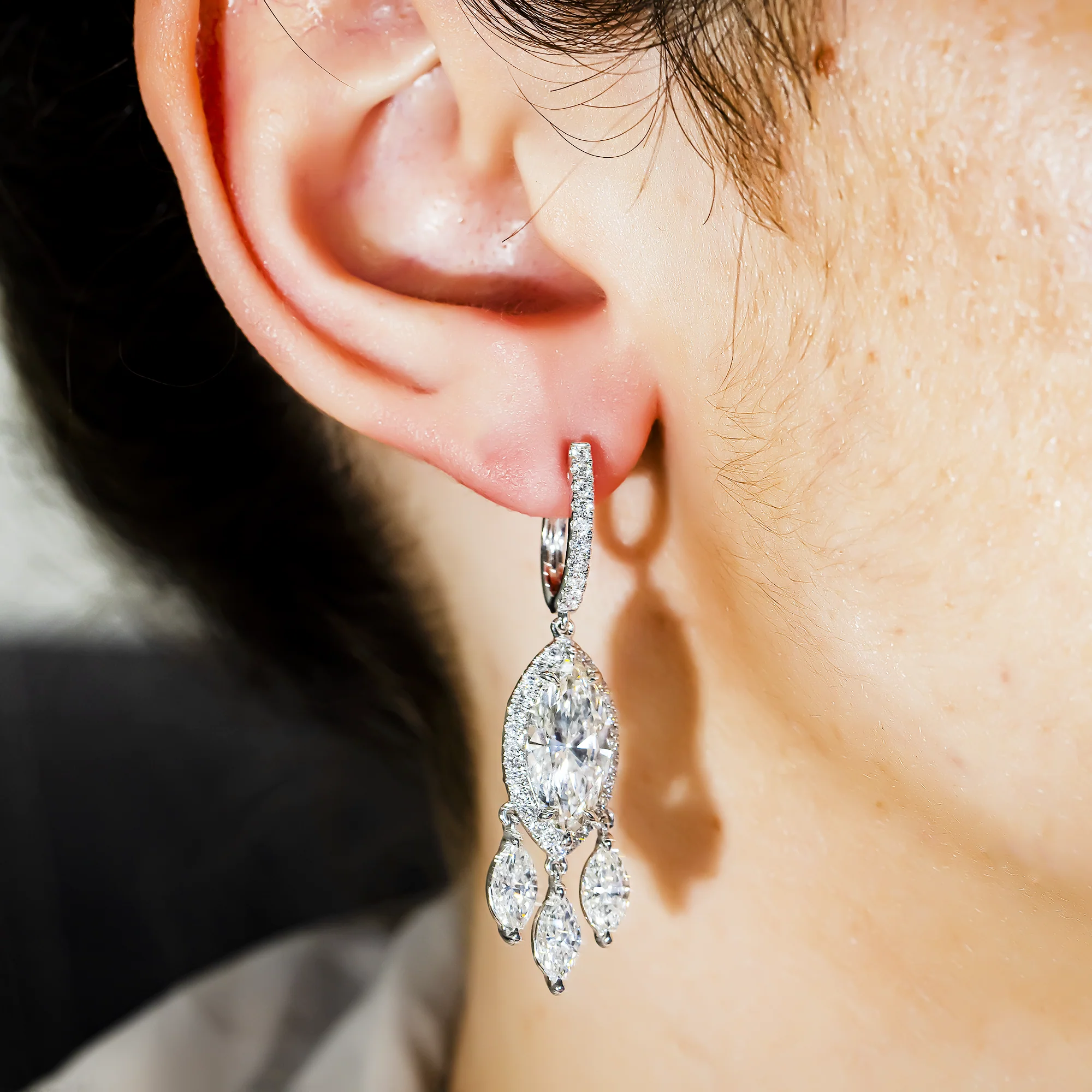 IGI 18K White Gold Round & Marquise Cut Diamond Drop Earrings 9.90ctw - Image 2