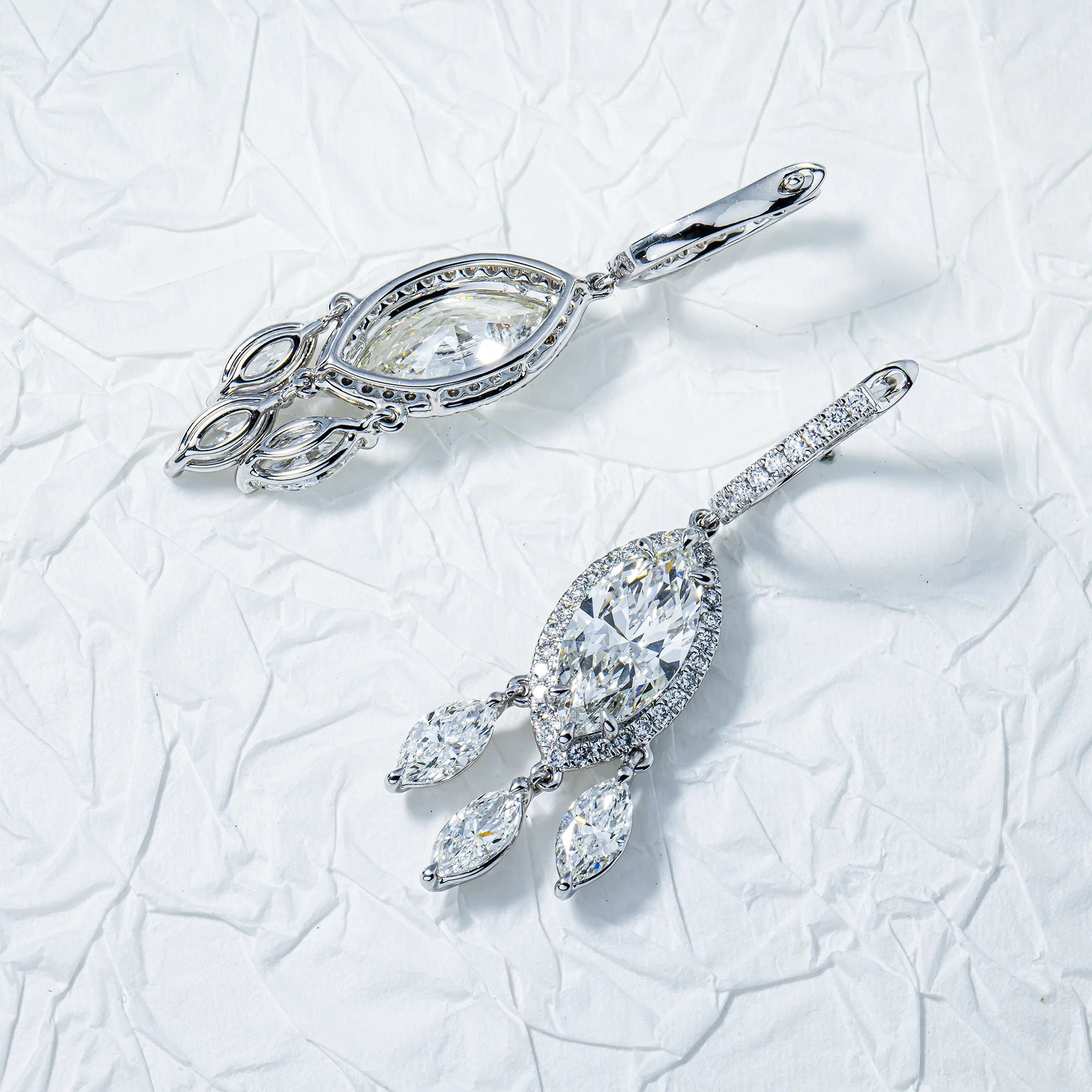 IGI 18K White Gold Round & Marquise Cut Diamond Drop Earrings 9.90ctw - Image 3
