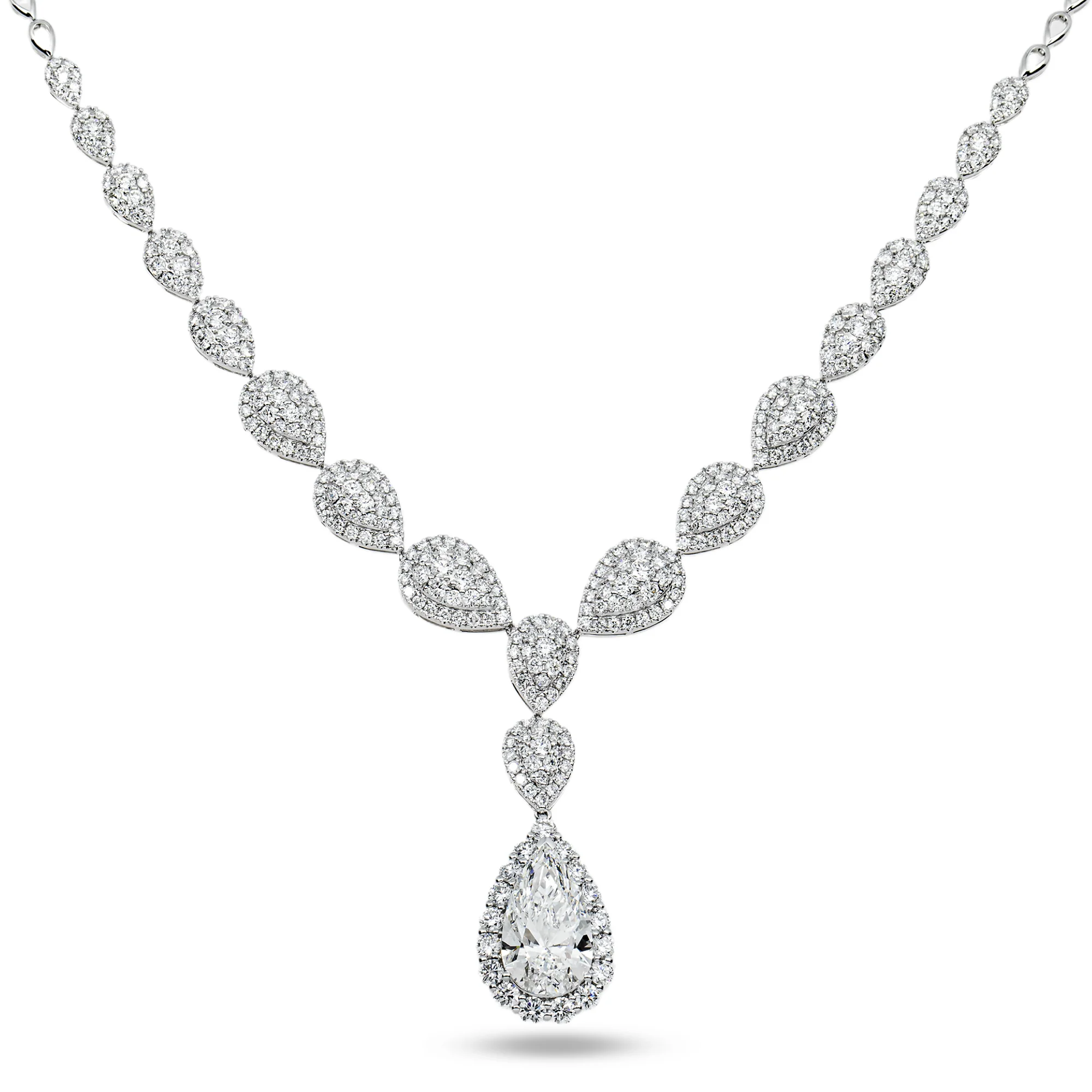 IGI 18K White Gold Round & Pear Cut Diamond Drop Necklace 12.34ct