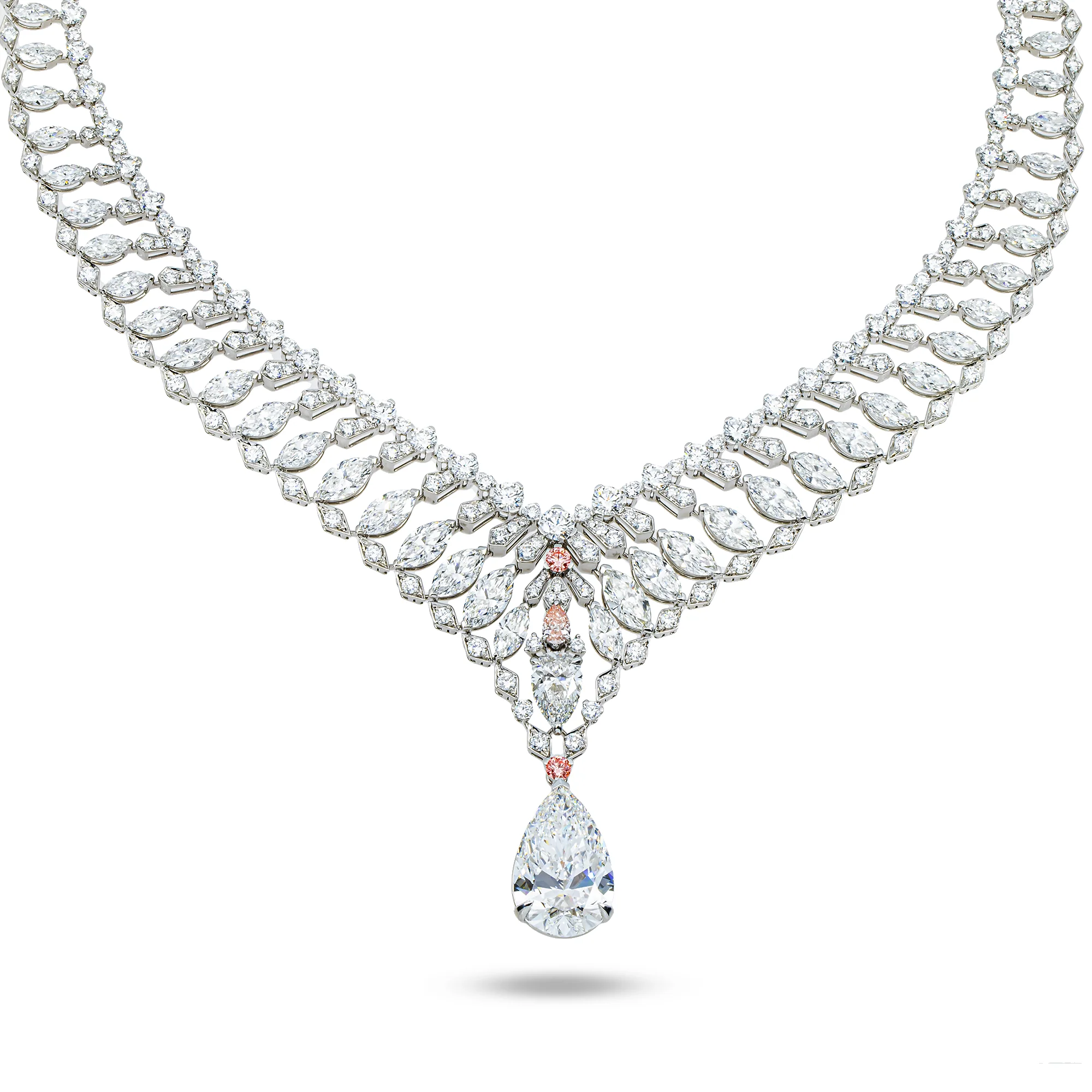 IGI 18K White Gold Fancy Pink & White Multi Cut Diamond Drop Necklace 52.20ct