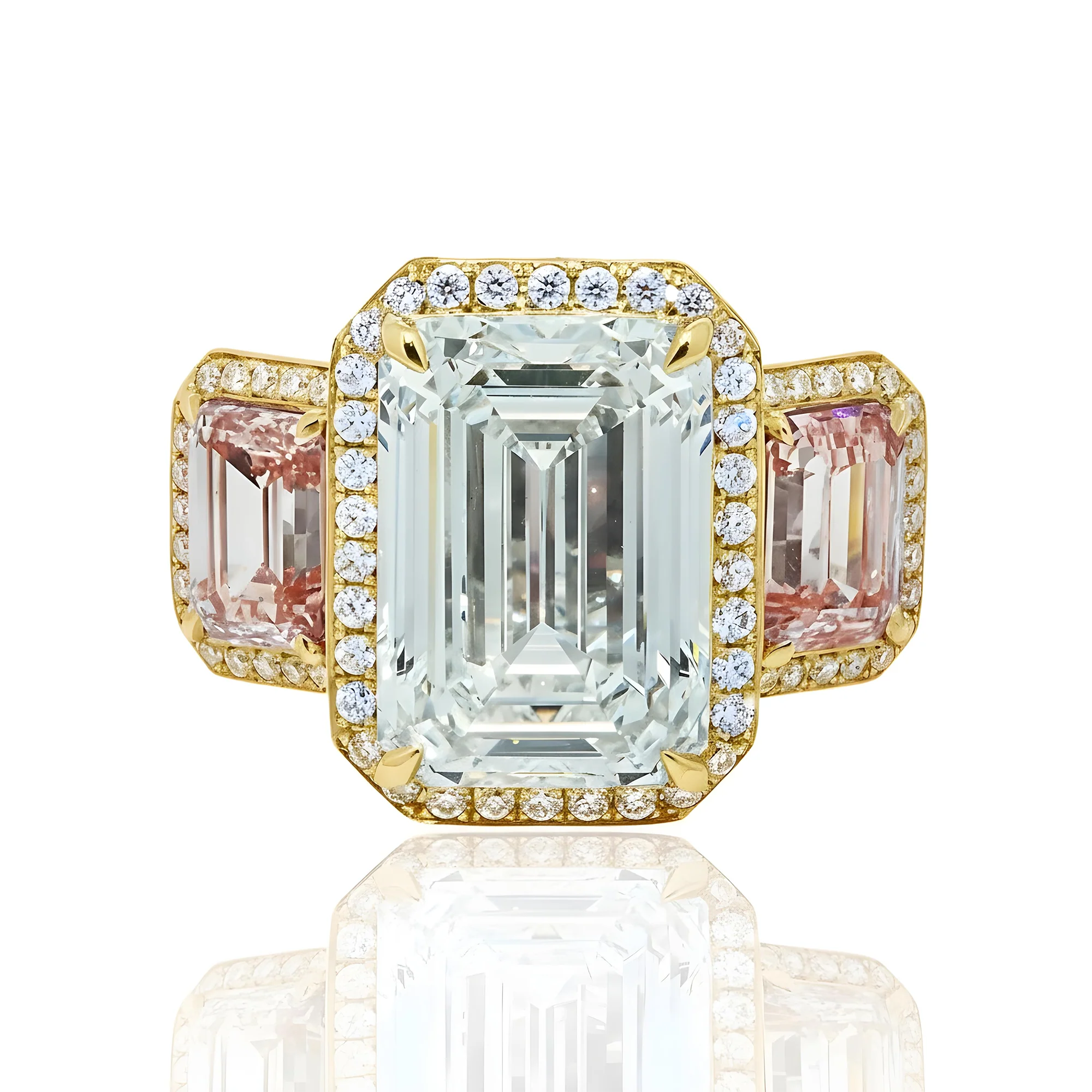 Platinum 10.24ct Emerald Cut White & Fancy Pink Triple Diamond Ring 15.48ctw - Image 7