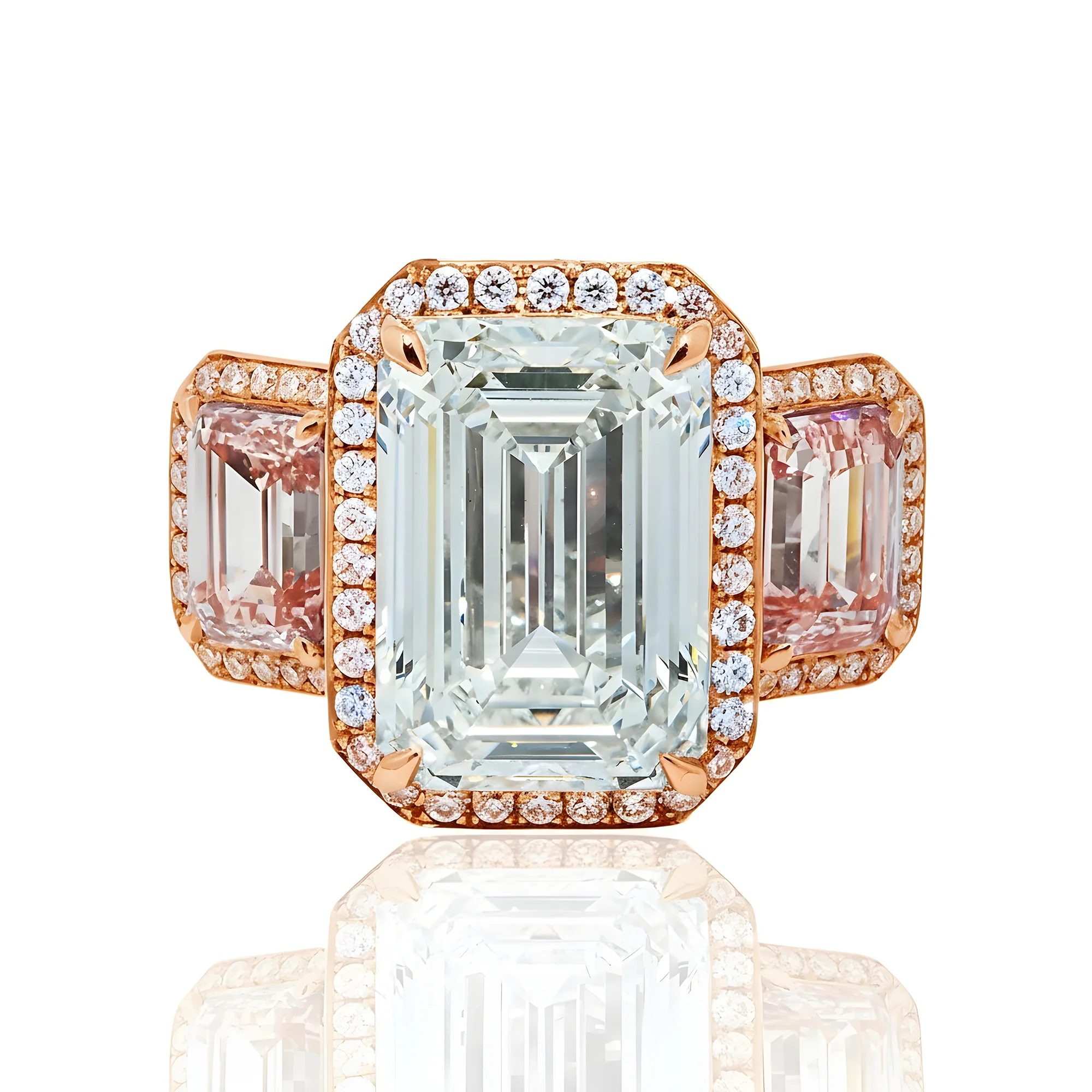 Platinum 10.24ct Emerald Cut White & Fancy Pink Triple Diamond Ring 15.48ctw - Image 9