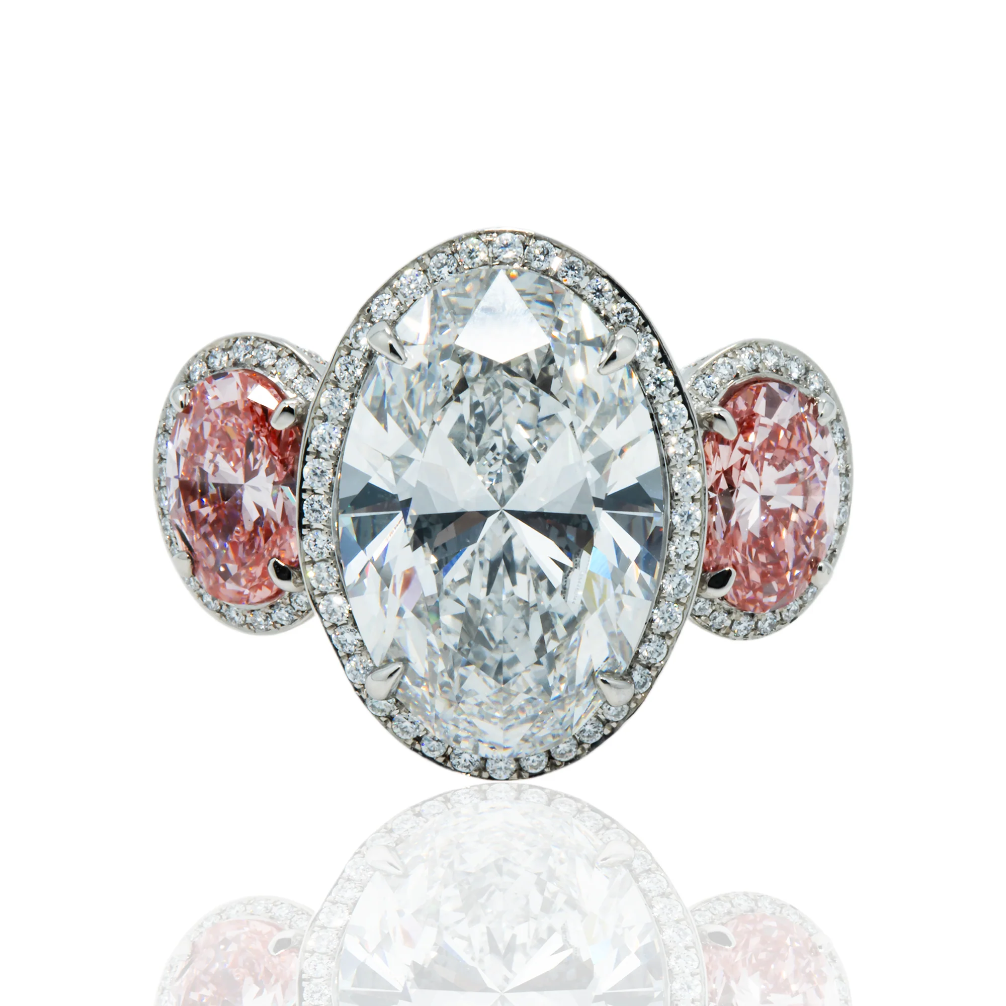 Platinum 10.61ct Oval Cut White & Fancy Pink Triple Diamond Ring 15.45ctw