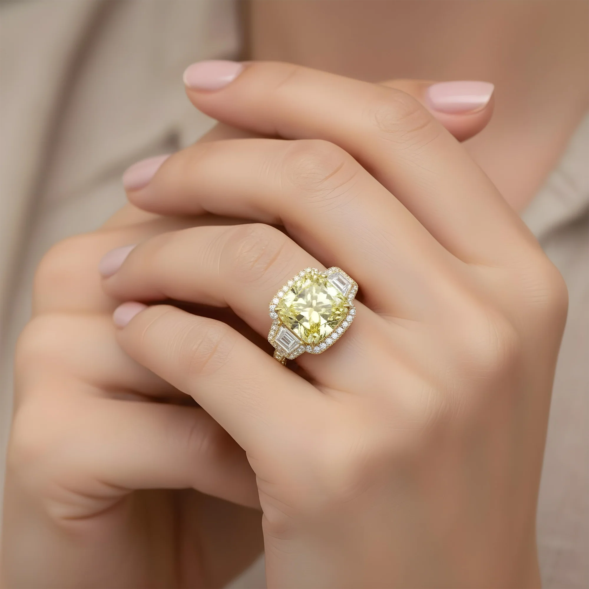 Platinum 12.45ct Cushion Cut Fancy Yellow Diamond Ring 15.44ctw - Image 8