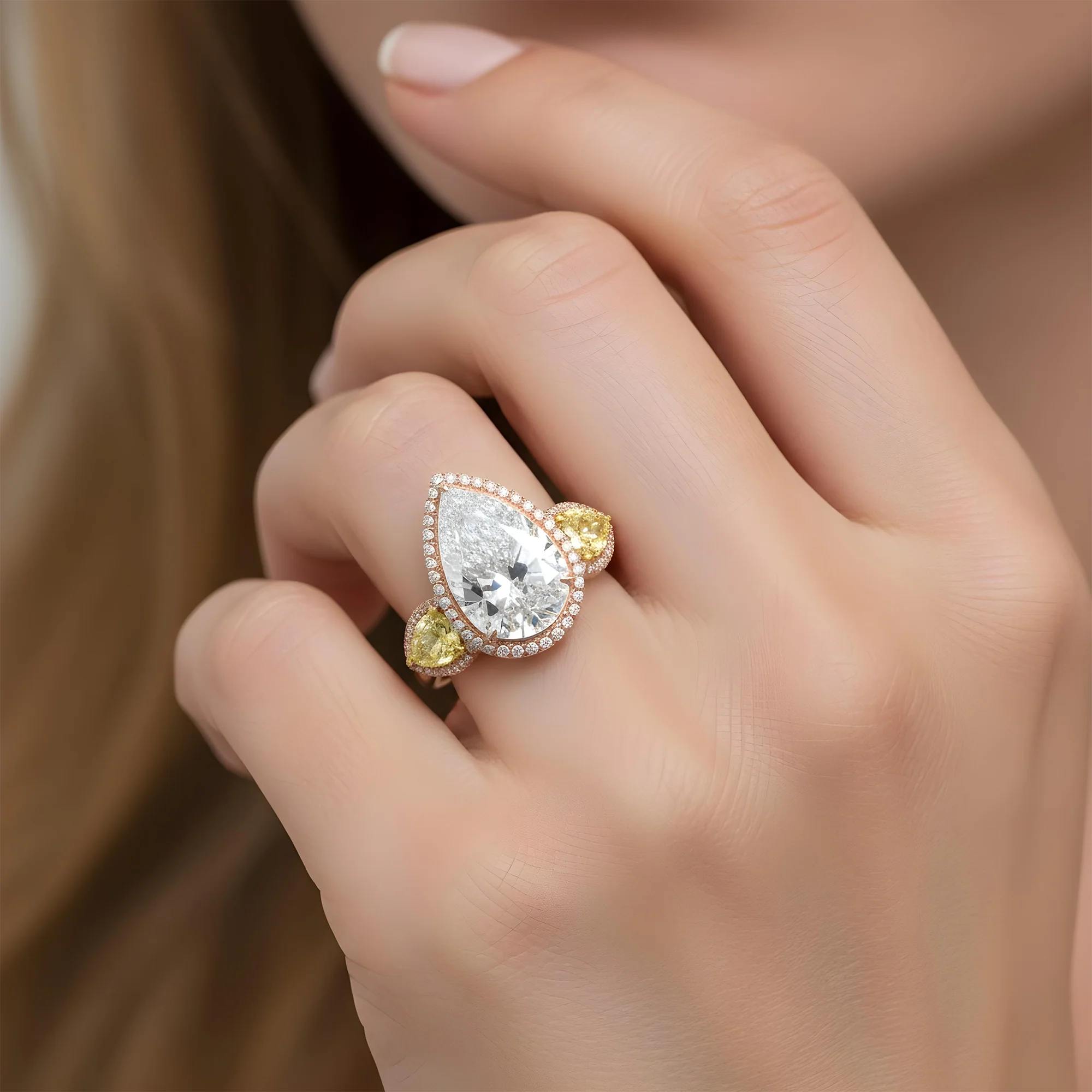 Platinum Triple Pear Cut White & Fancy Yellow Diamond Ring 19.57ctw - Image 10
