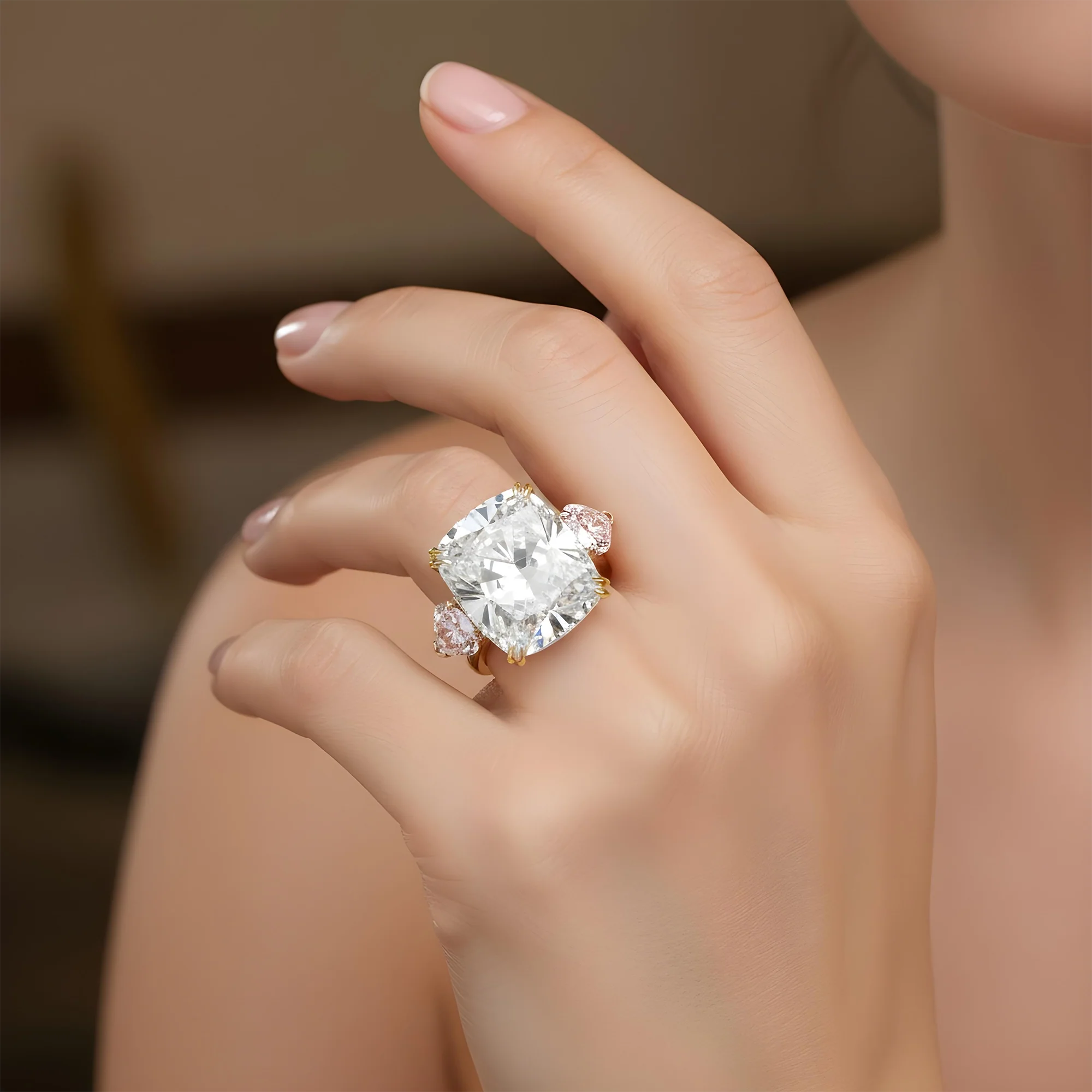 Platinum 20.07ct Cushion Cut & Pink Pear Triple Diamond Engagement Ring 24.09ctw (3 IGI) - Image 11