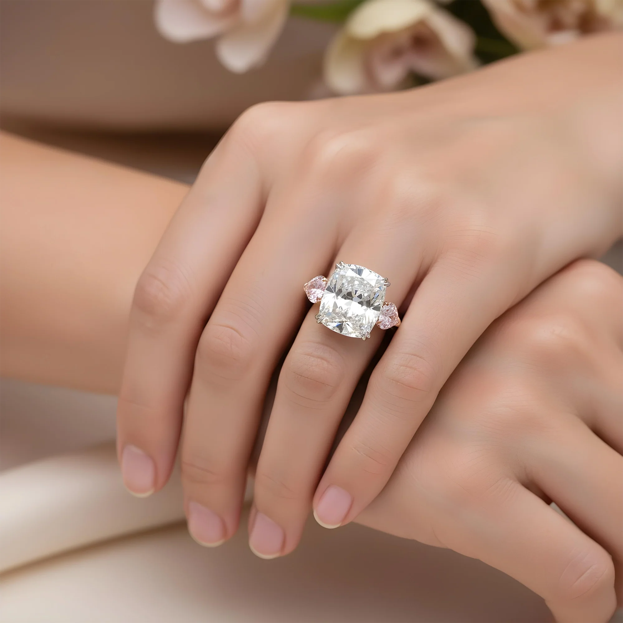 Platinum 20.07ct Cushion Cut & Pink Pear Triple Diamond Engagement Ring 24.09ctw (3 IGI) - Image 8