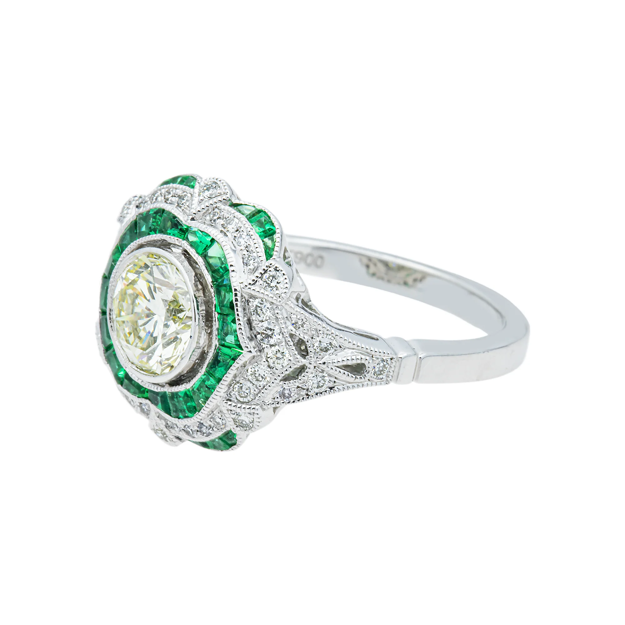Platinum 1.03ct Round Diamond & Emerald Ring 1.91ctw - Image 3