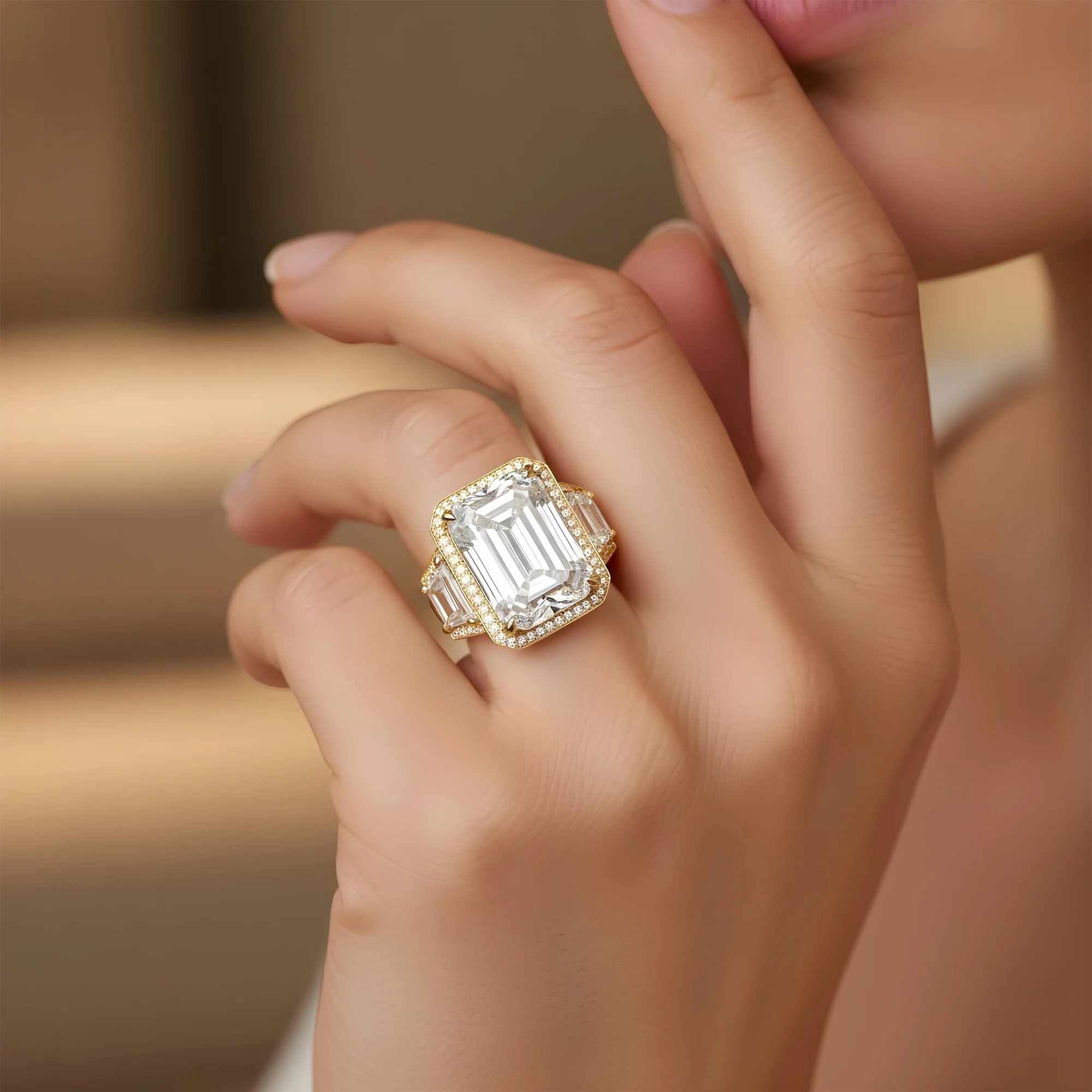 Platinum 12.32ct Emerald Cut Triple Diamond Engagement Ring 15.31ctw - Image 11
