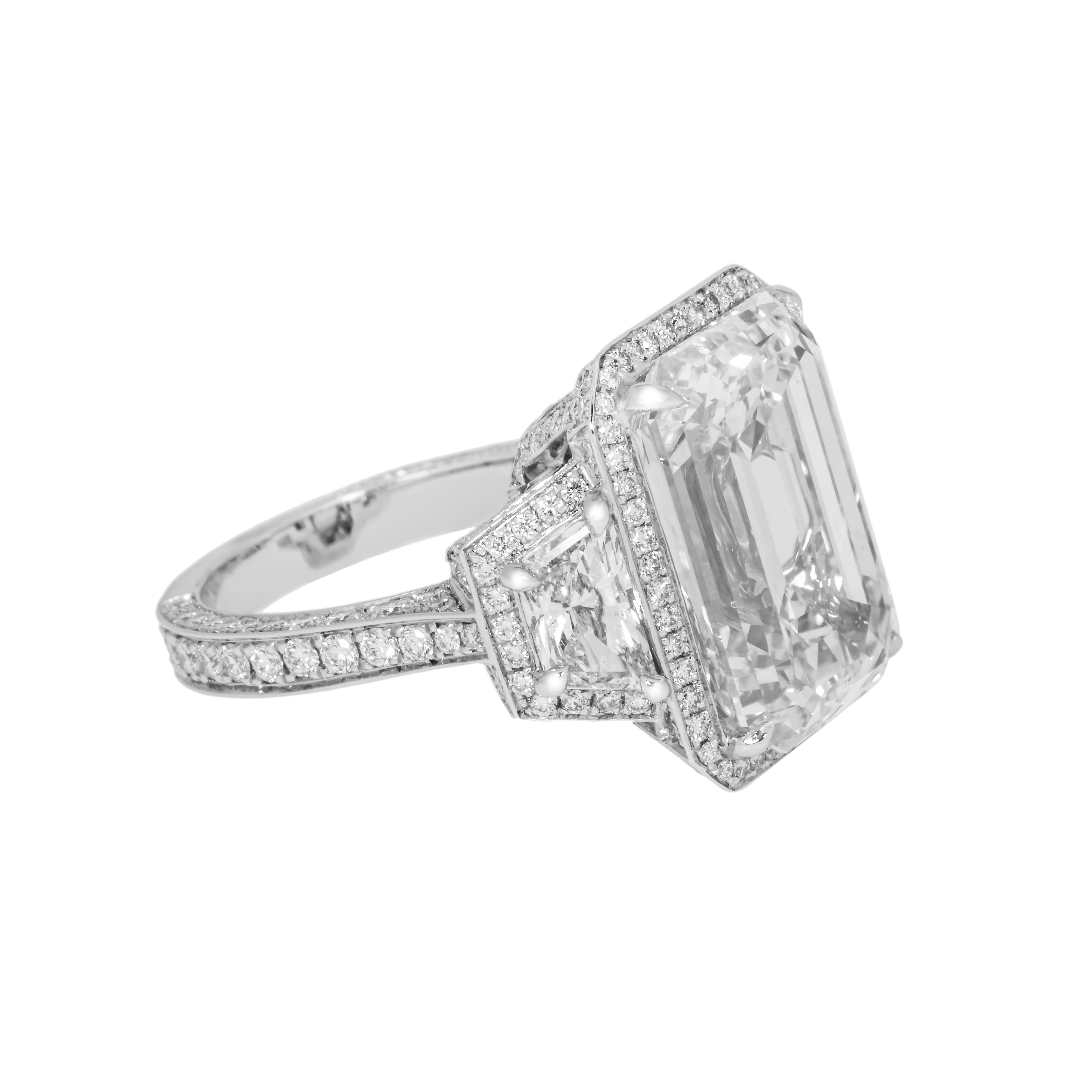 Platinum 12.32ct Emerald Cut Triple Diamond Engagement Ring 15.31ctw - Image 4