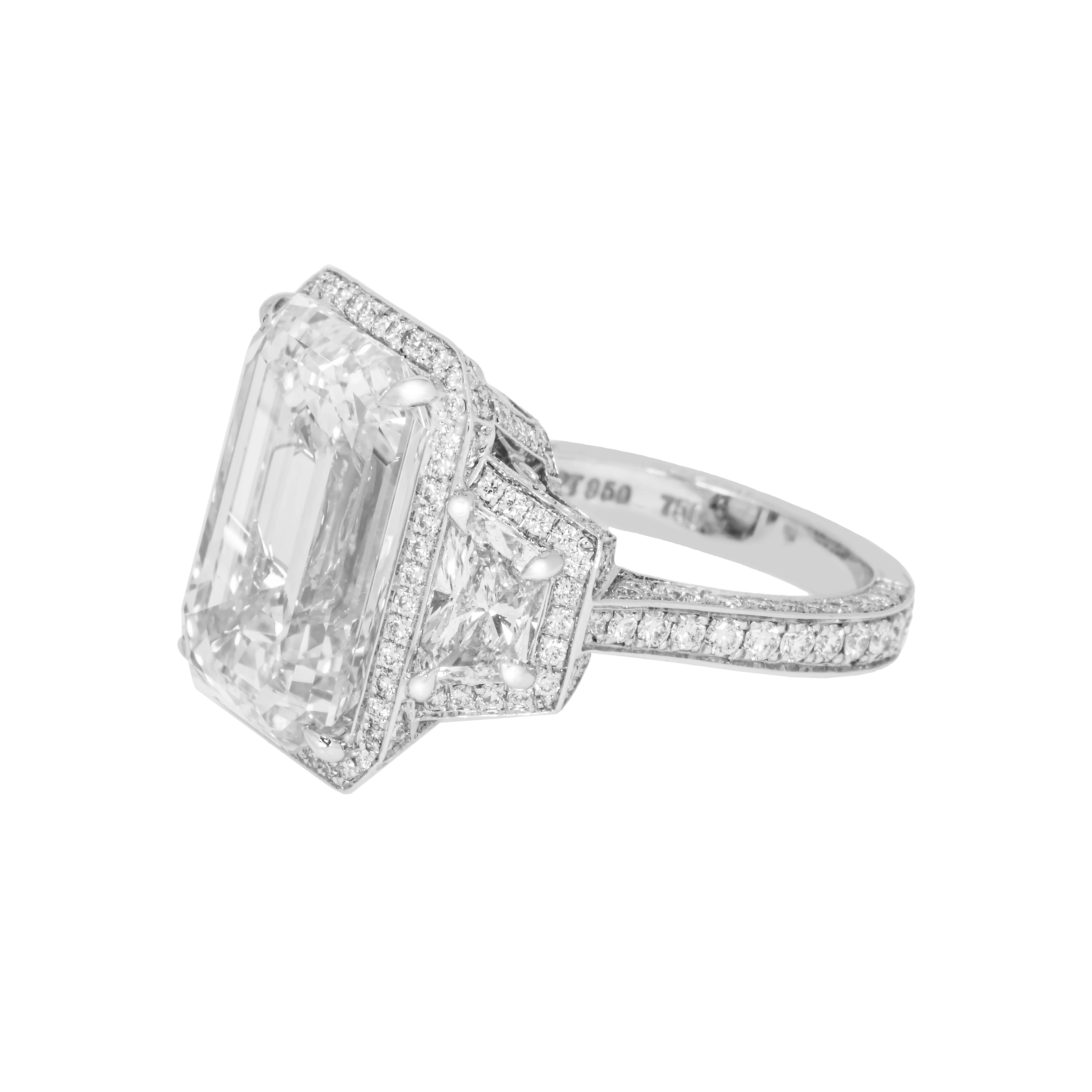 Platinum 12.32ct Emerald Cut Triple Diamond Engagement Ring 15.31ctw - Image 6