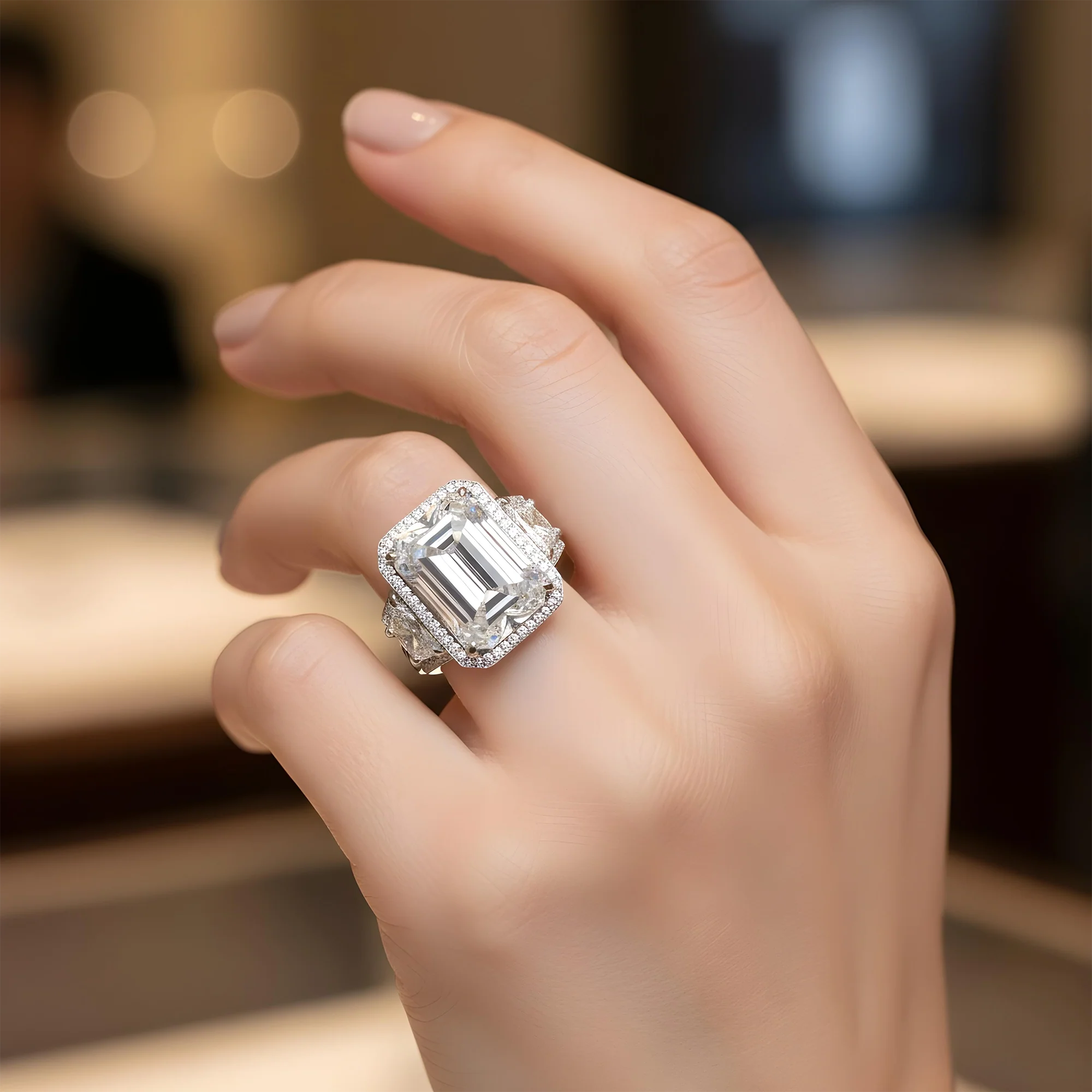 Platinum 12.32ct Emerald Cut Triple Diamond Engagement Ring 15.31ctw - Image 8