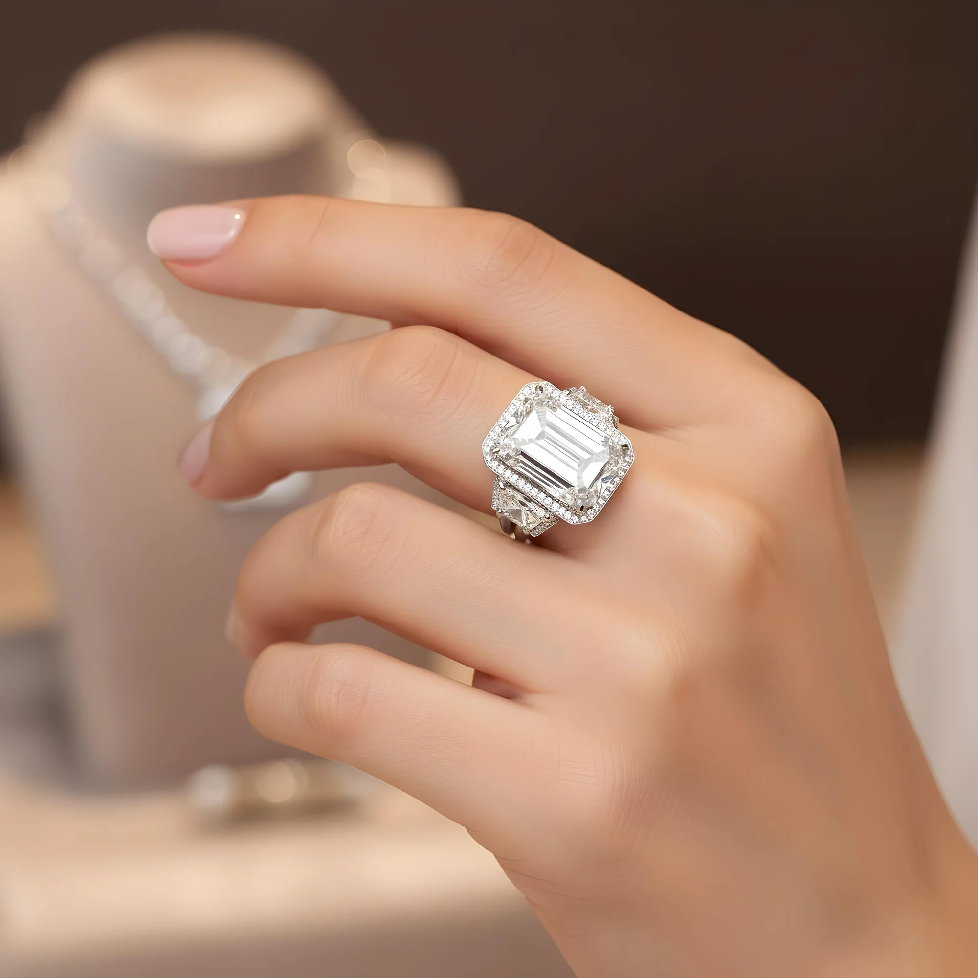 Platinum 12.32ct Emerald Cut Triple Diamond Engagement Ring 15.31ctw - Image 9