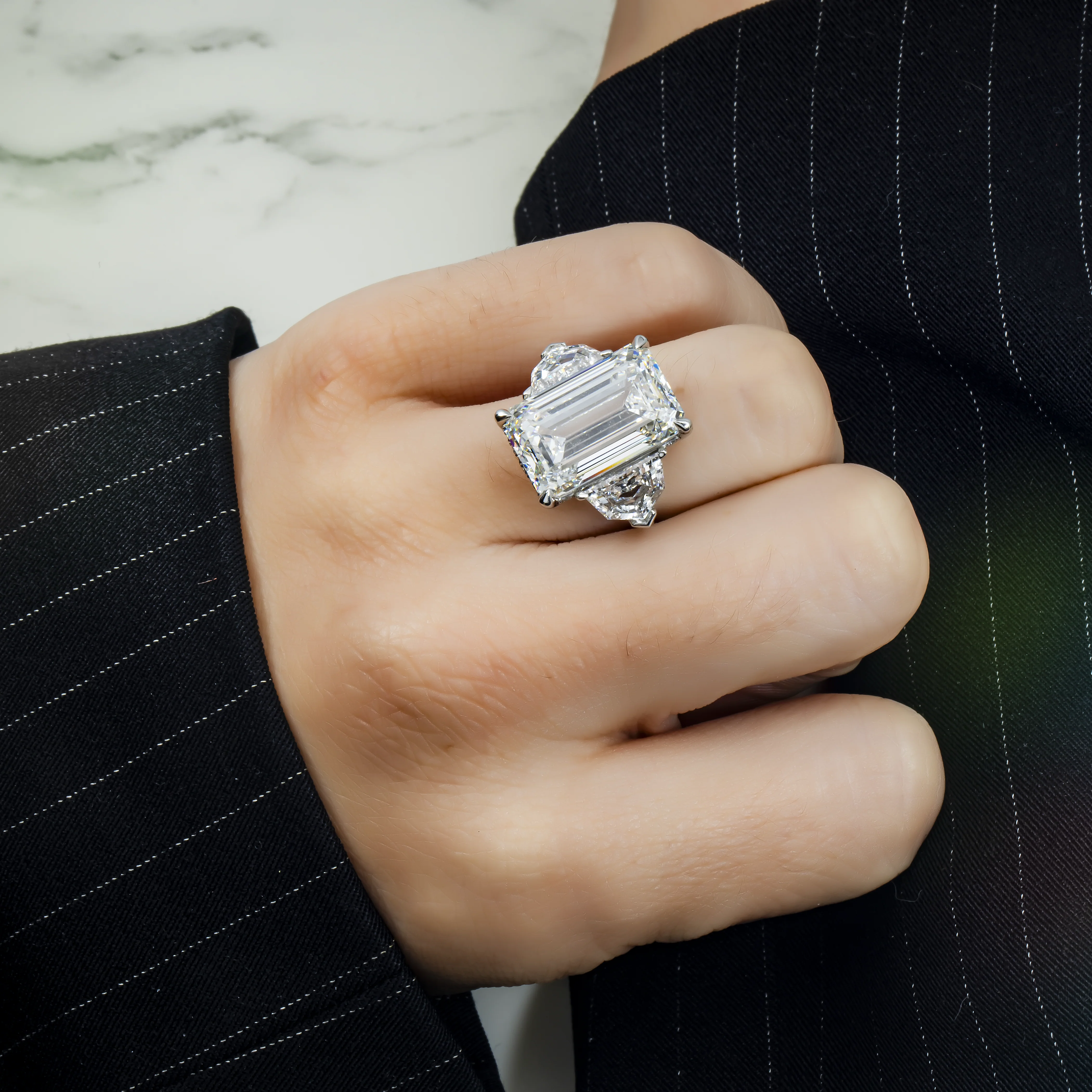 Platinum 14.07ct Emerald Cut Triple Diamond Engagement Ring 18.08ctw - Image 3
