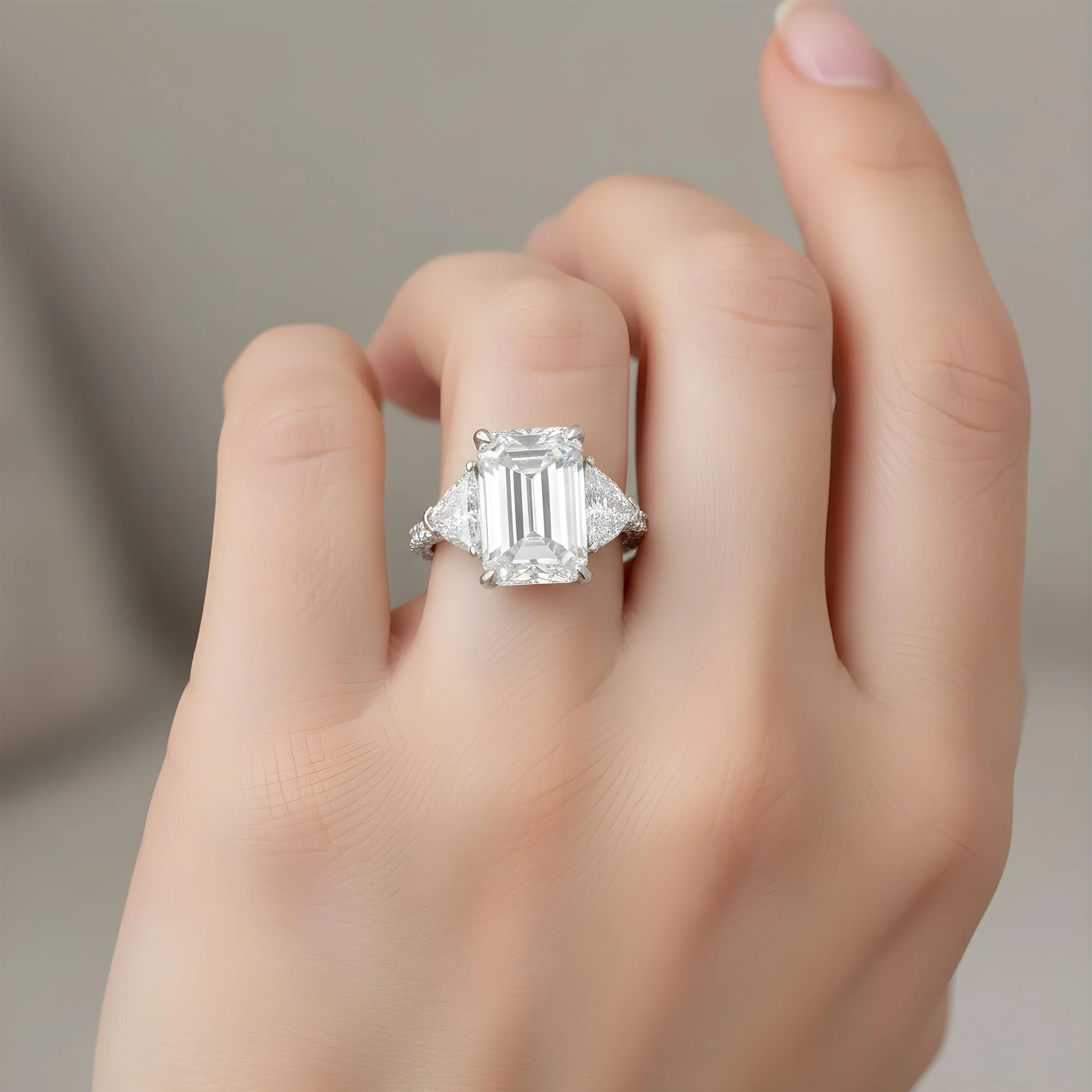 Platinum 14.07ct Emerald Cut Triple Diamond Engagement Ring 18.08ctw - Image 8