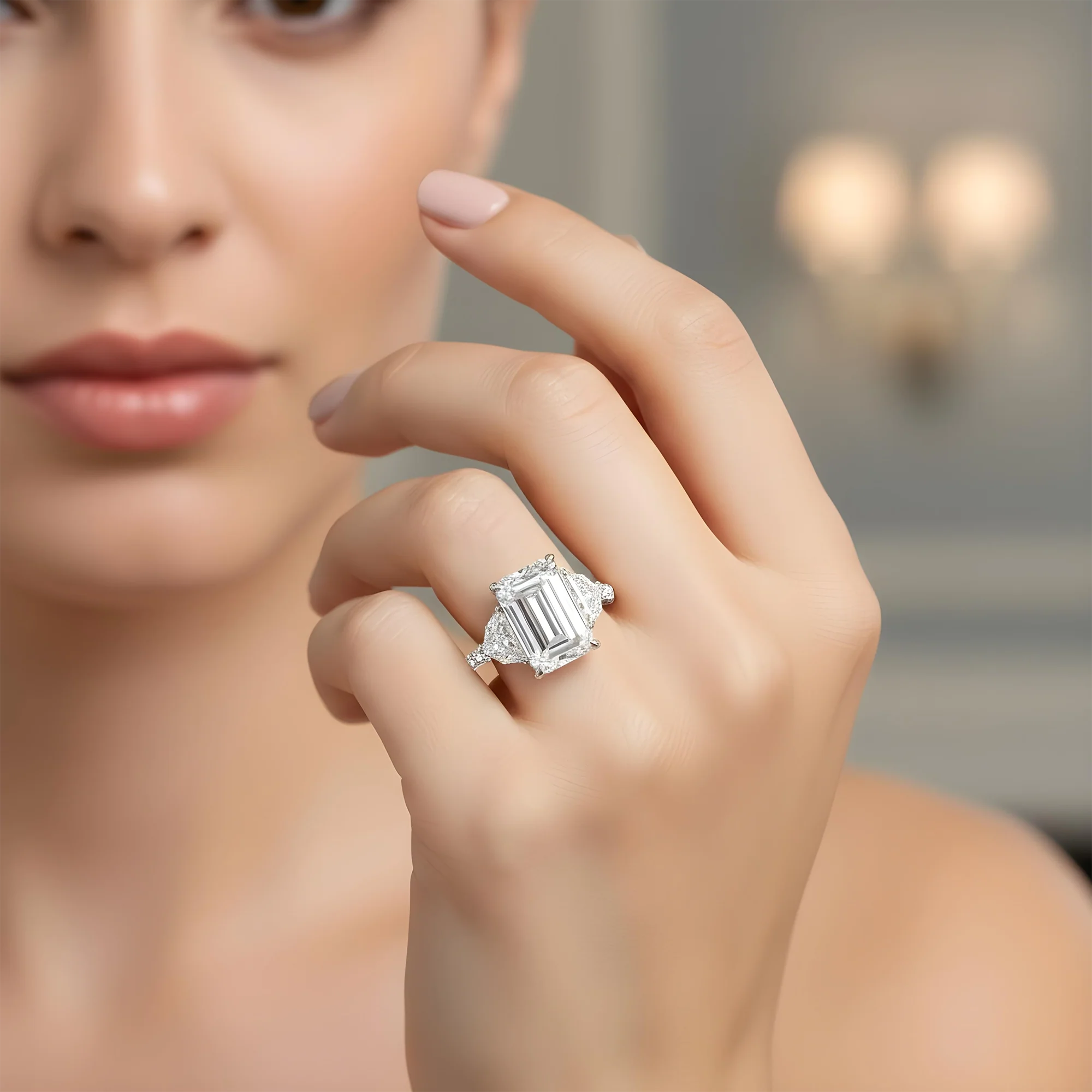 Platinum 14.07ct Emerald Cut Triple Diamond Engagement Ring 18.08ctw - Image 9