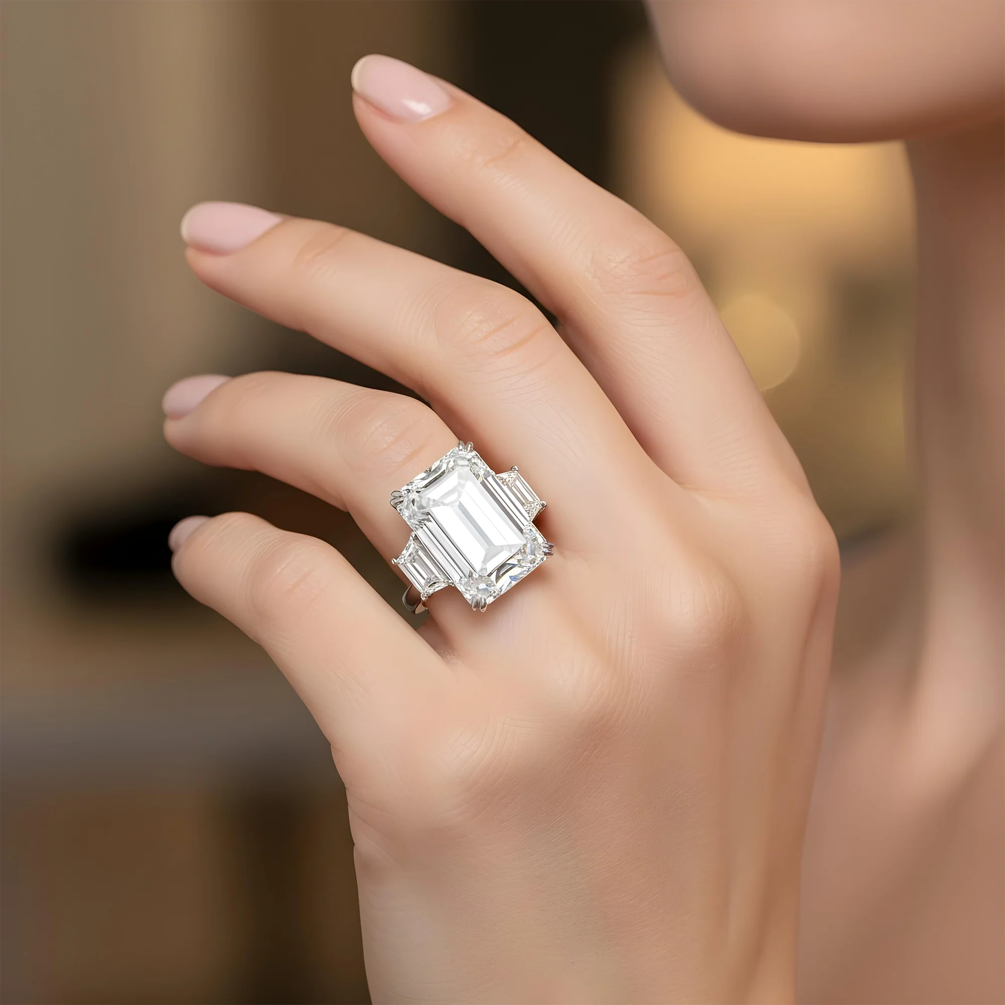 Platinum 20.0ct Triple Emerald Cut Diamond Engagement Ring 21.96ctw - Image 8
