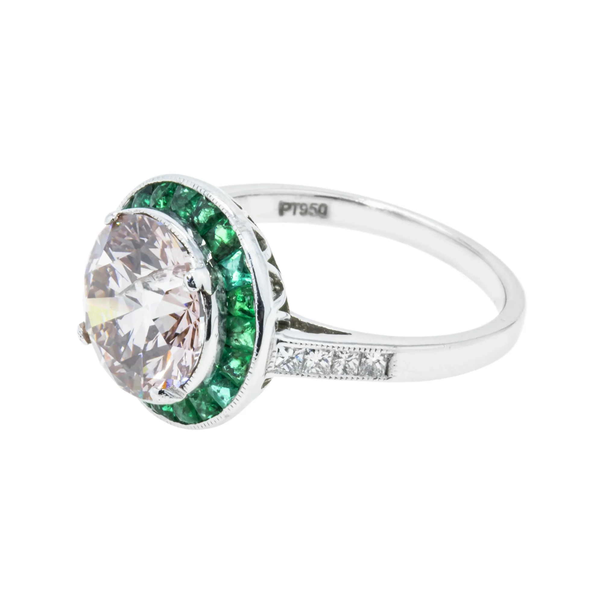 Platinum 3.13ct Round Diamond & Emerald Halo Detailed Ring 4.13ctw - Image 5