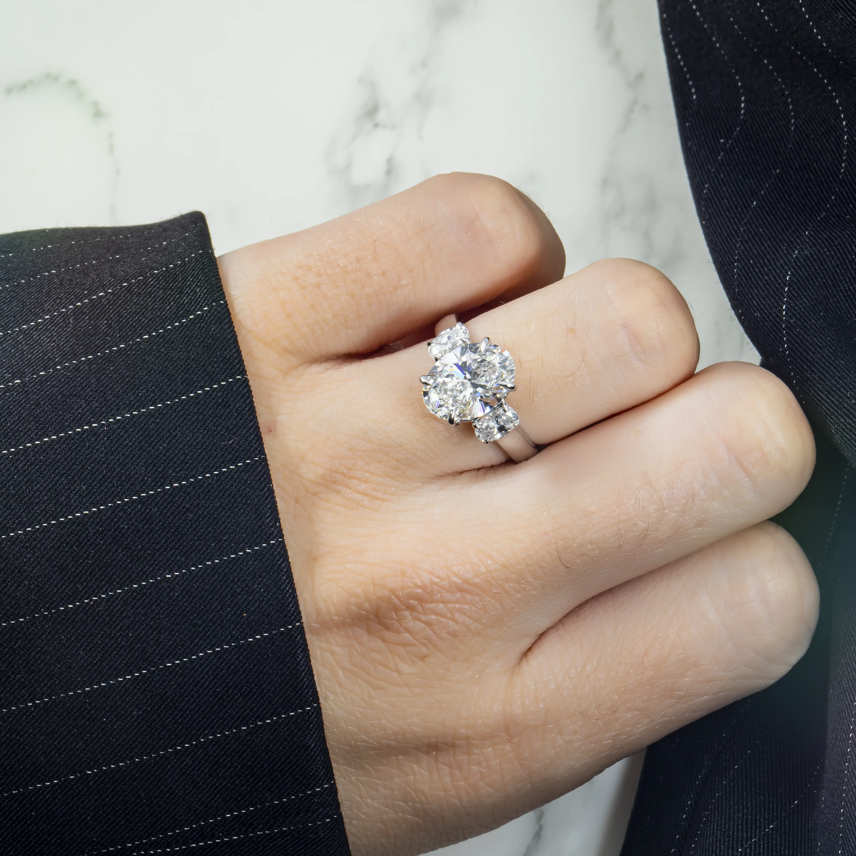 Platinum 3.33ct Triple Oval Cut Diamond Engagement Ring 4.03ctw - Image 3