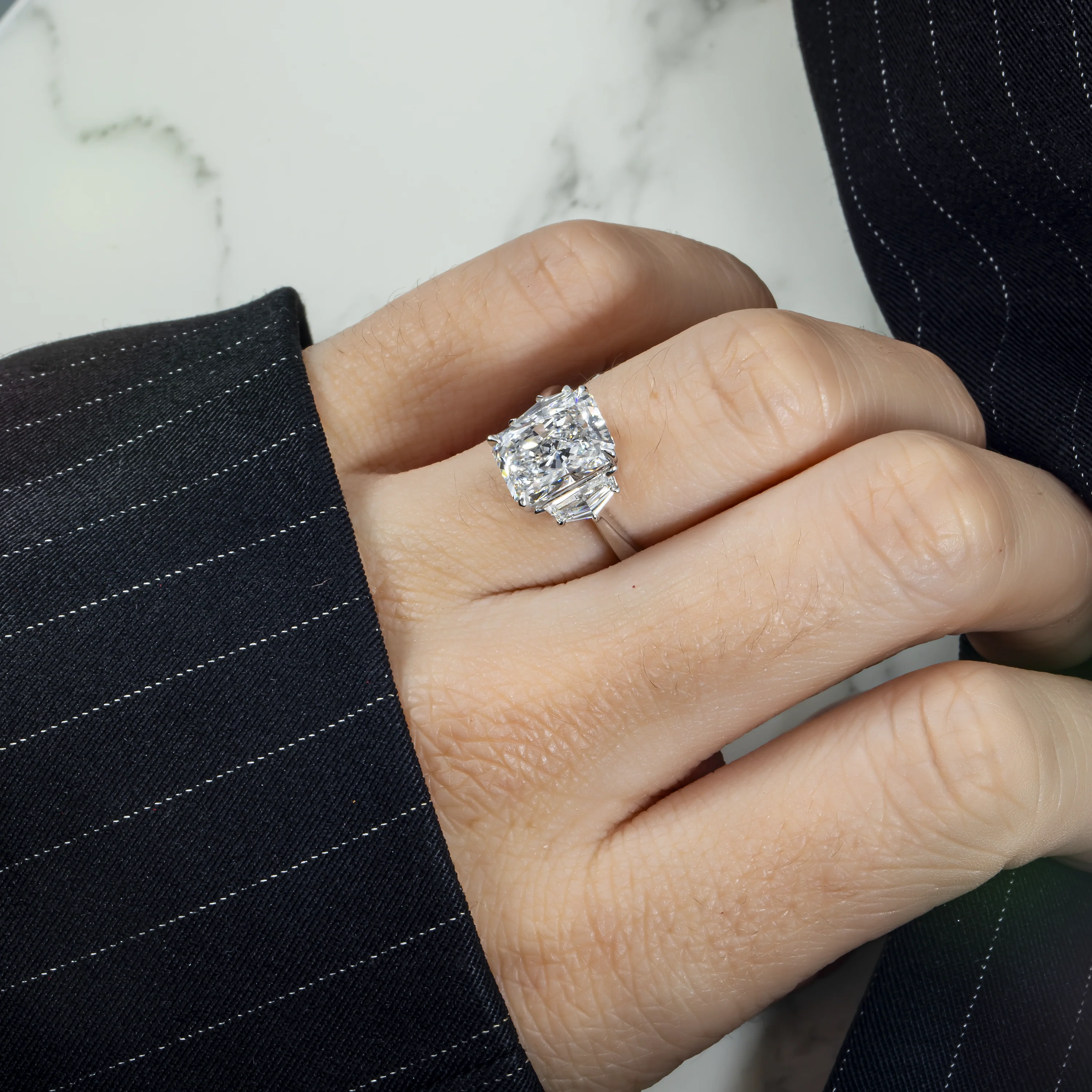 Platinum 3.57 Radiant Cut Triple Diamond Engagement Ring 4.17ctw - Image 3