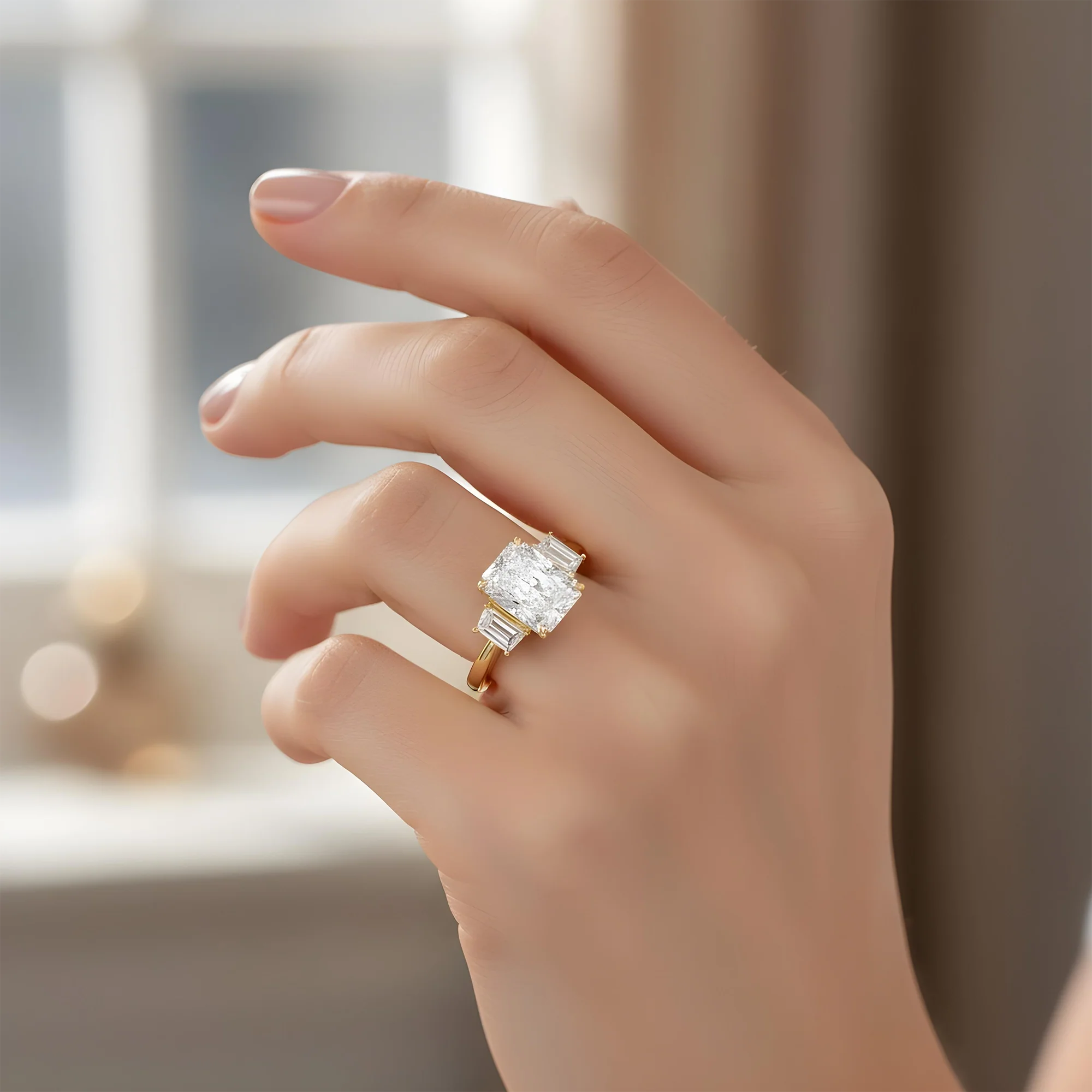 Platinum 3.72ct Radiant Cut Triple Diamond Engagement Ring 4.38ctw - Image 8