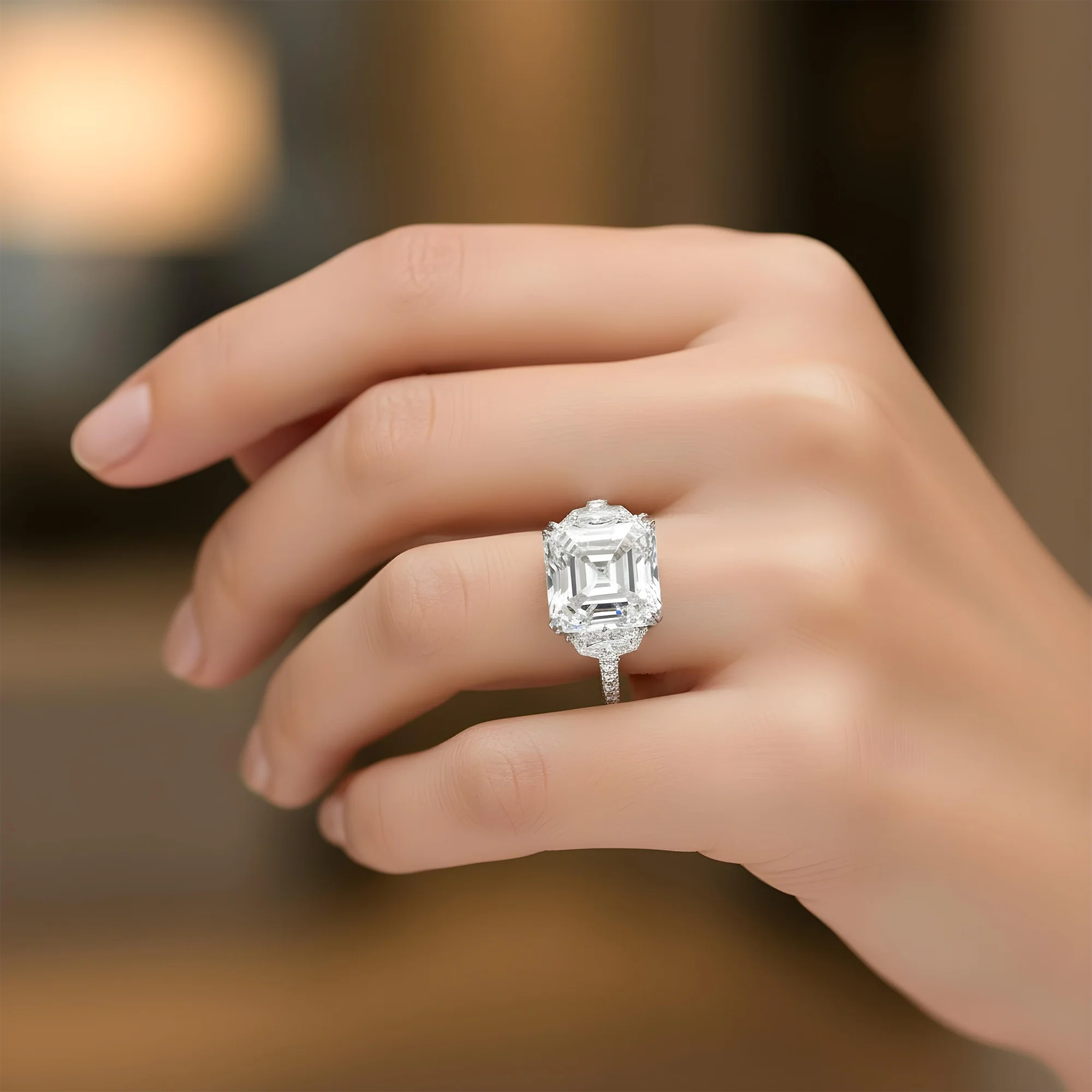 Platinum 30.48ct Asscher cut Triple Diamond Engagement Ring 36.17ctw - Image 8