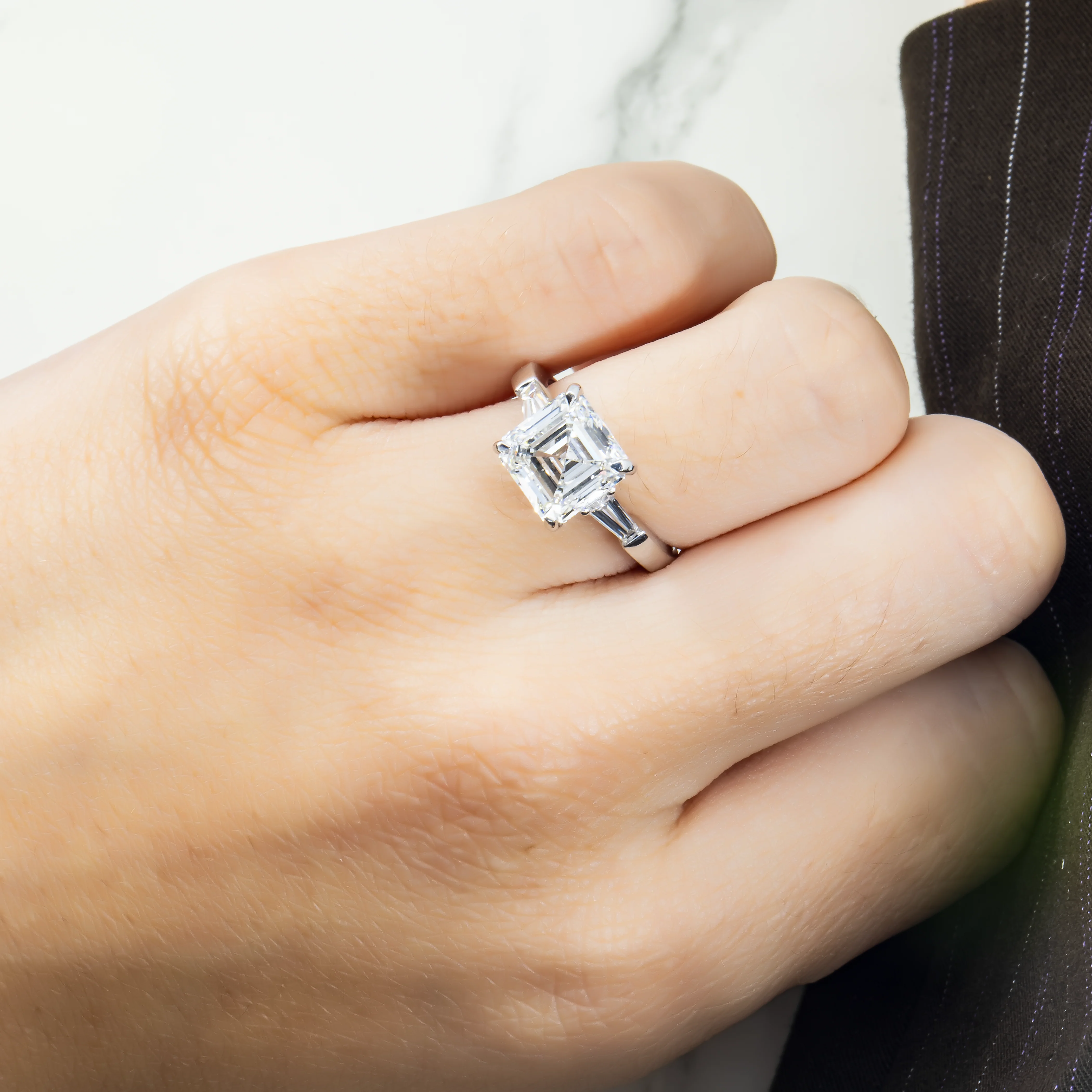 Platinum 4.09ct Asscher Cut Triple Diamond Engagement Ring 4.55ctw - Image 3