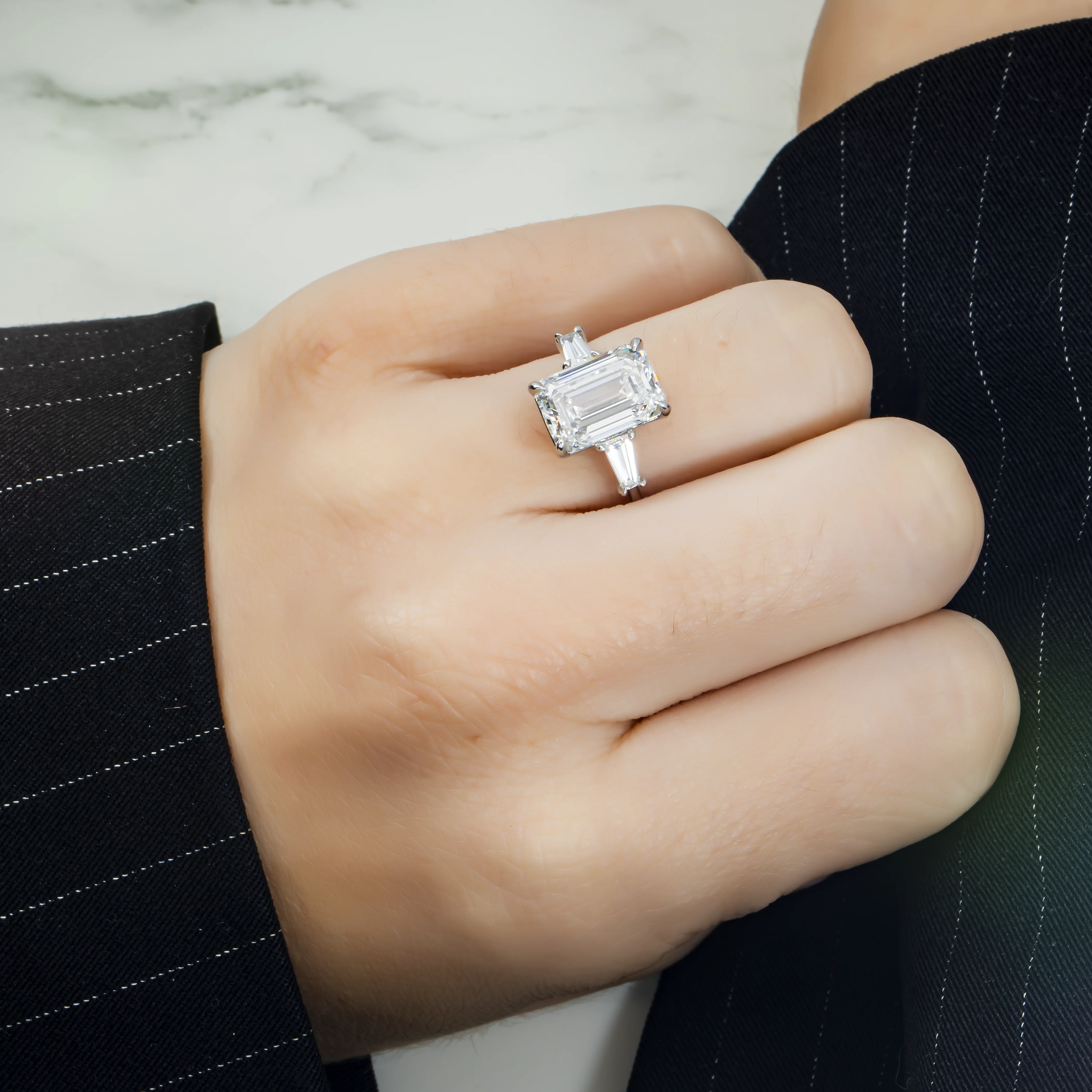 Platinum 4.73ct Emerald Cut Triple Diamond Engagement Ring 5.15ctw - Image 3
