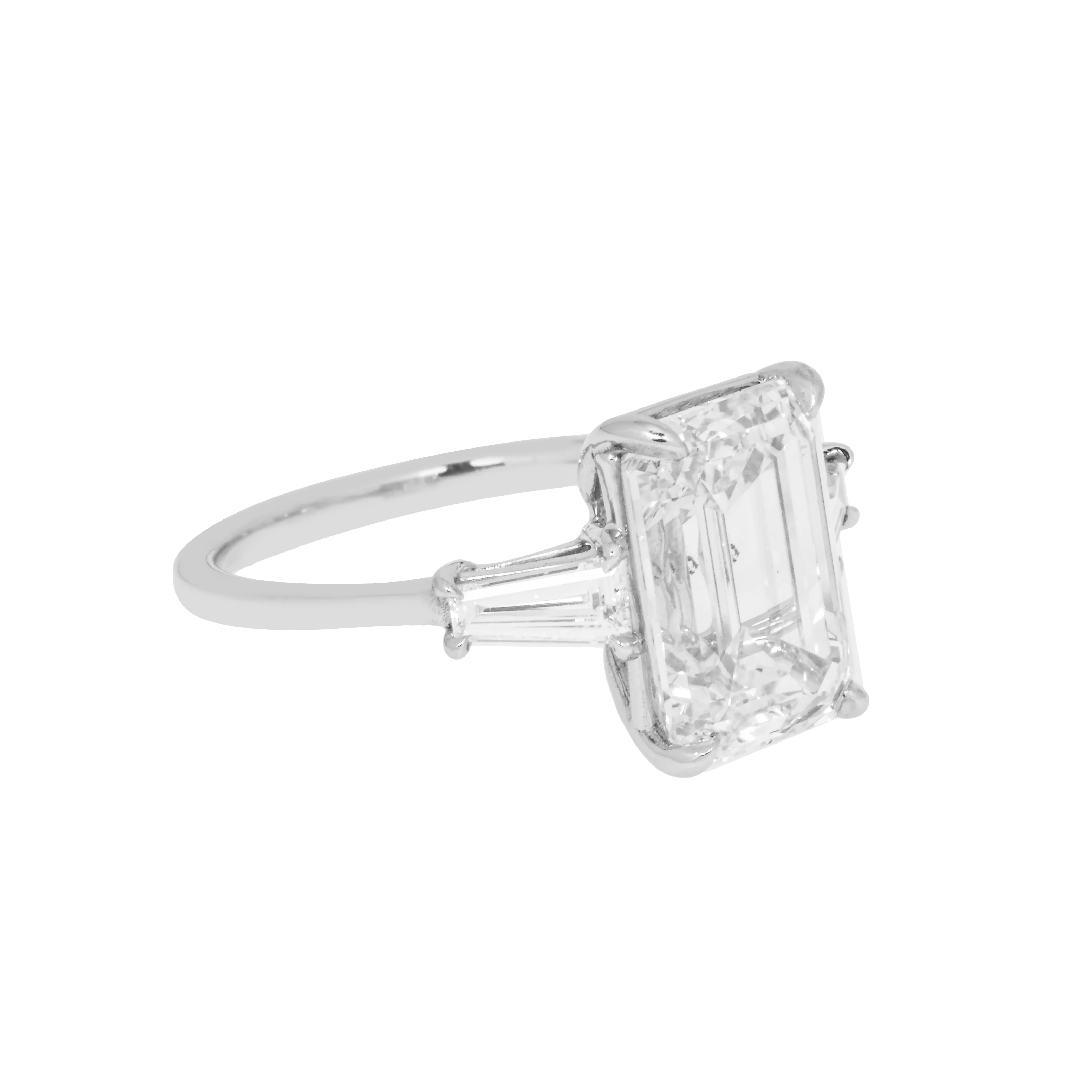 Platinum 4.73ct Emerald Cut Triple Diamond Engagement Ring 5.15ctw - Image 4
