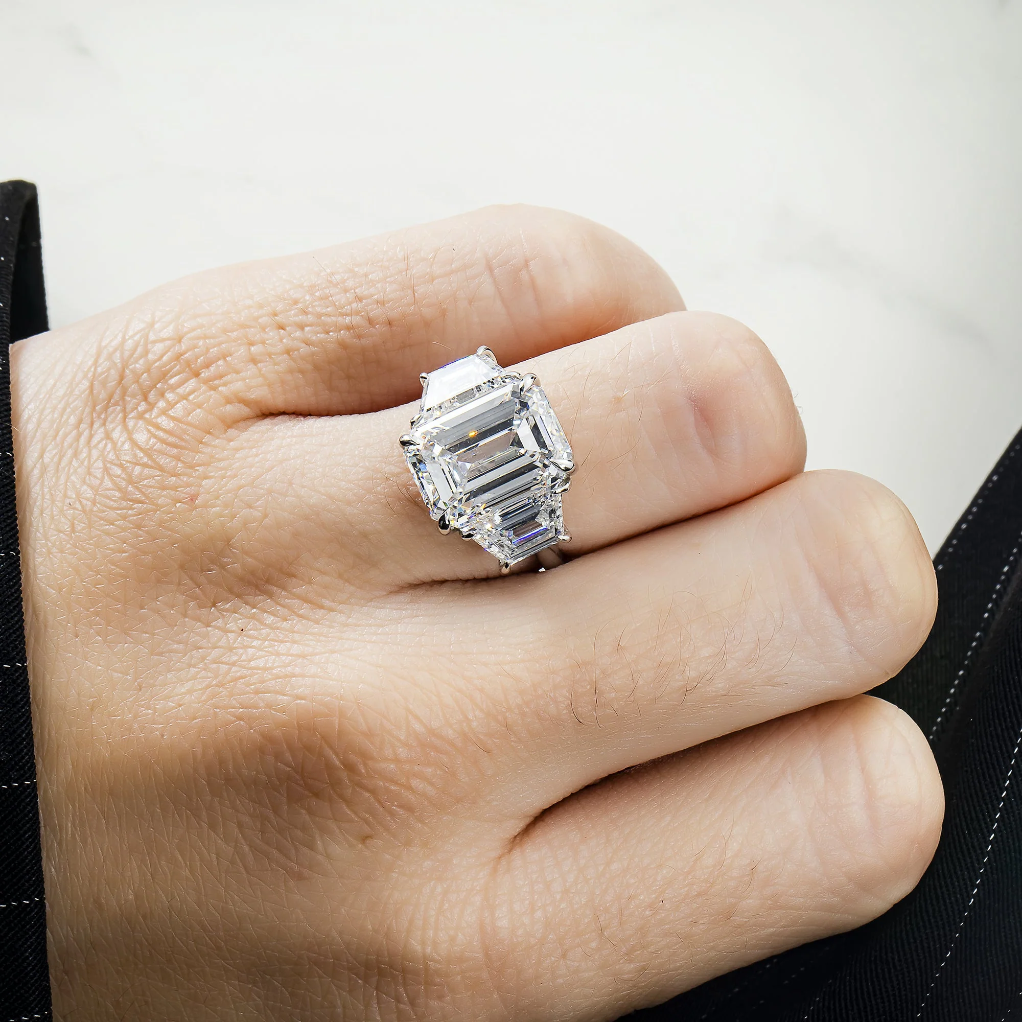 Platinum 9.06ct Emerald Cut Triple Diamond Engagement Ring 11.52ctw - Image 3