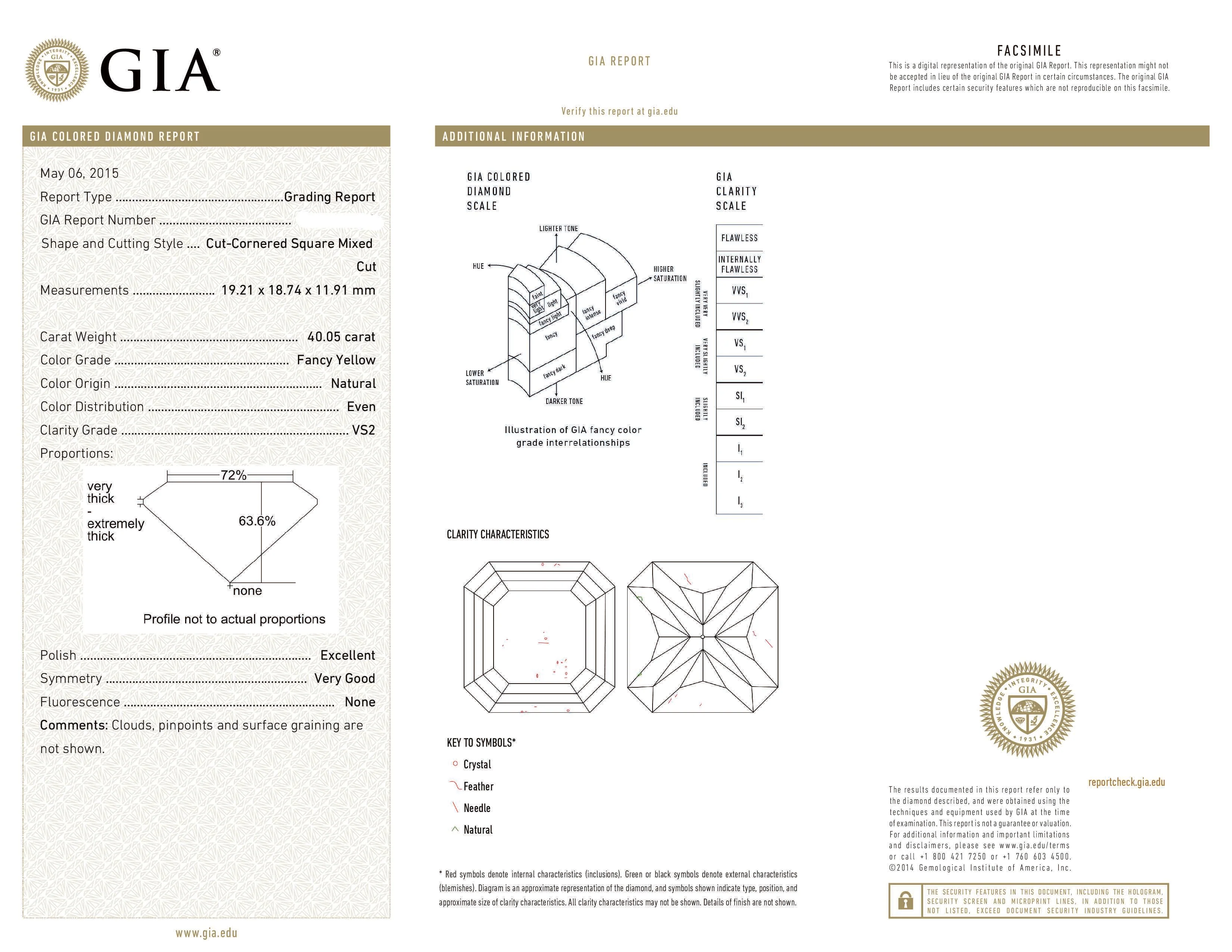 GIA Platinum Radiant Fancy Yellow Diamond Ring 40.05ct - Image 3