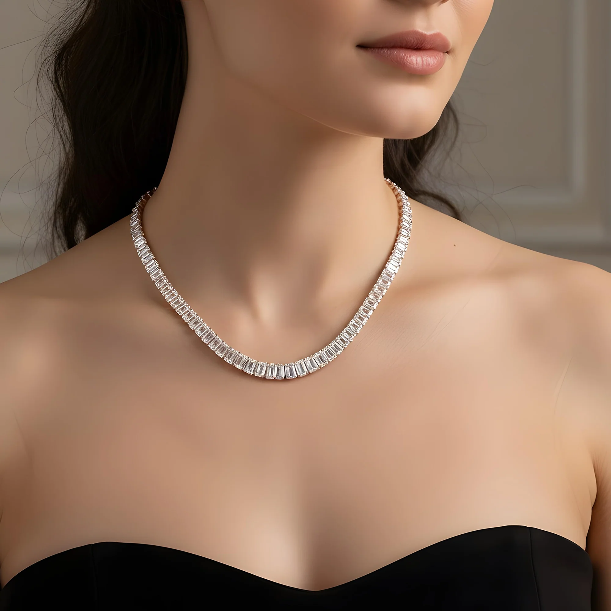 Platinum Graduated Emerald Cut Diamond Tennis Necklace 101.23ct - Image 7