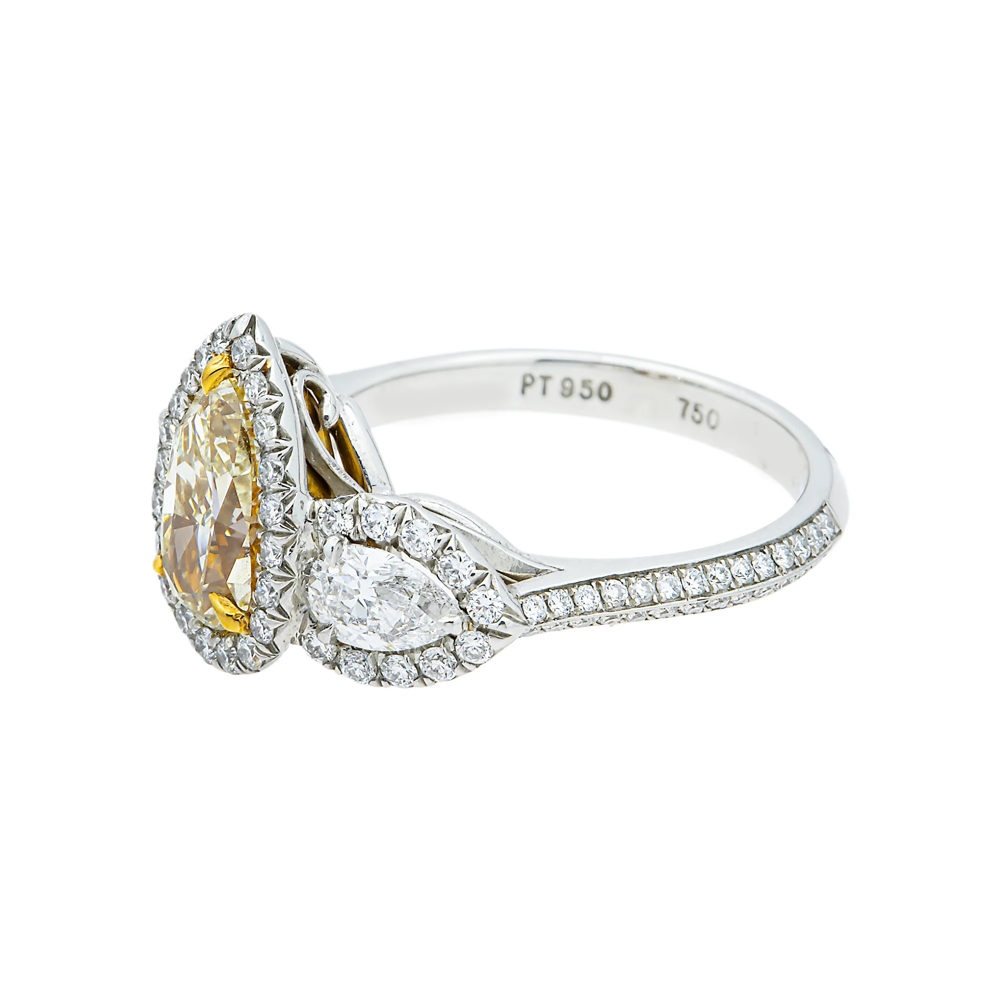 Platinum Triple Pear Canary Yellow & White Diamond Ring 3.19ctw - Image 2