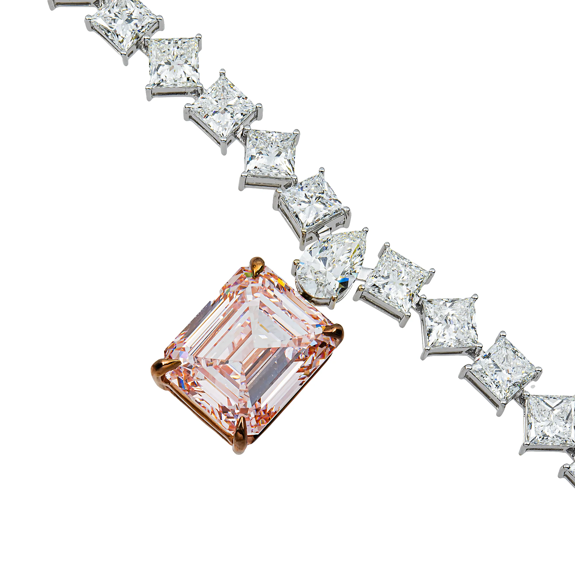 "The Heiress's Heirloom" -18K White Gold Fancy Pink Emerald & Princess Diamond Drop Necklace 55.17ct - Image 3