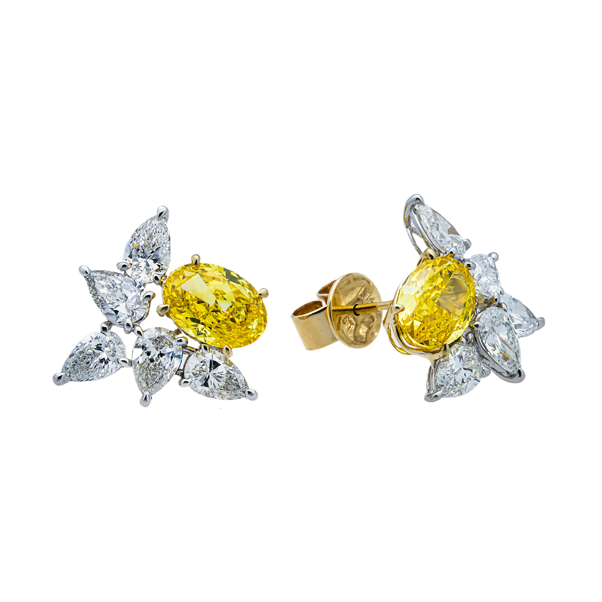 Two Tone Gold Fancy Yellow & White Diamond Cluster Stud Earrings 6.1ctw - Image 3